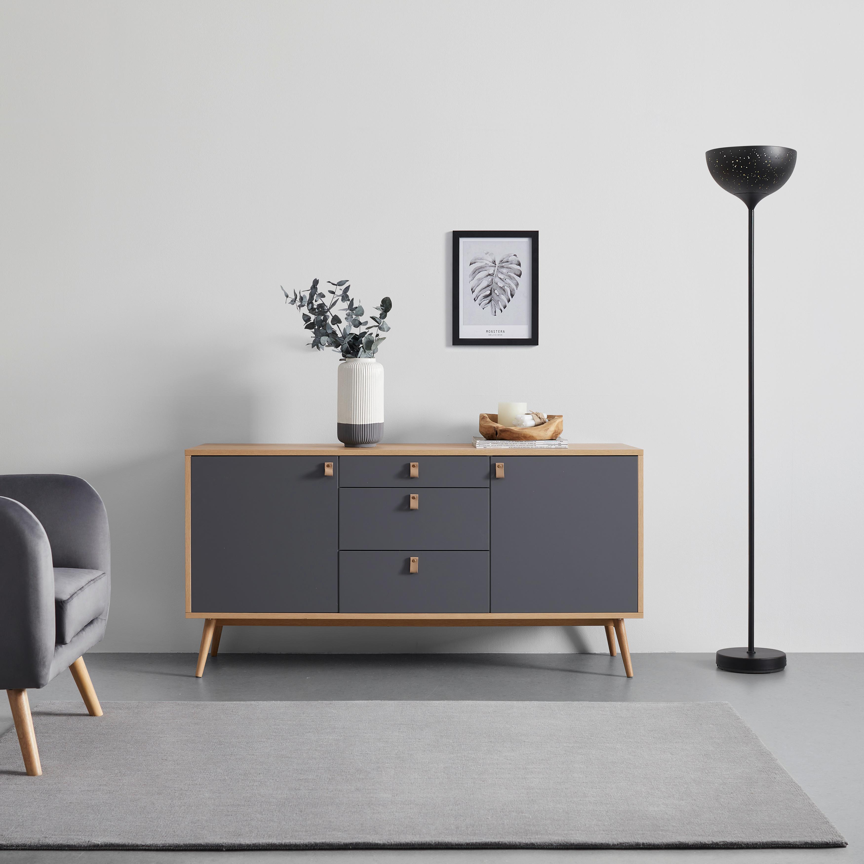 Comodă cu uși LENA - culoare natur/gri, Modern, lemn/material pe bază de lemn (150/75/40cm) - Bessagi Home