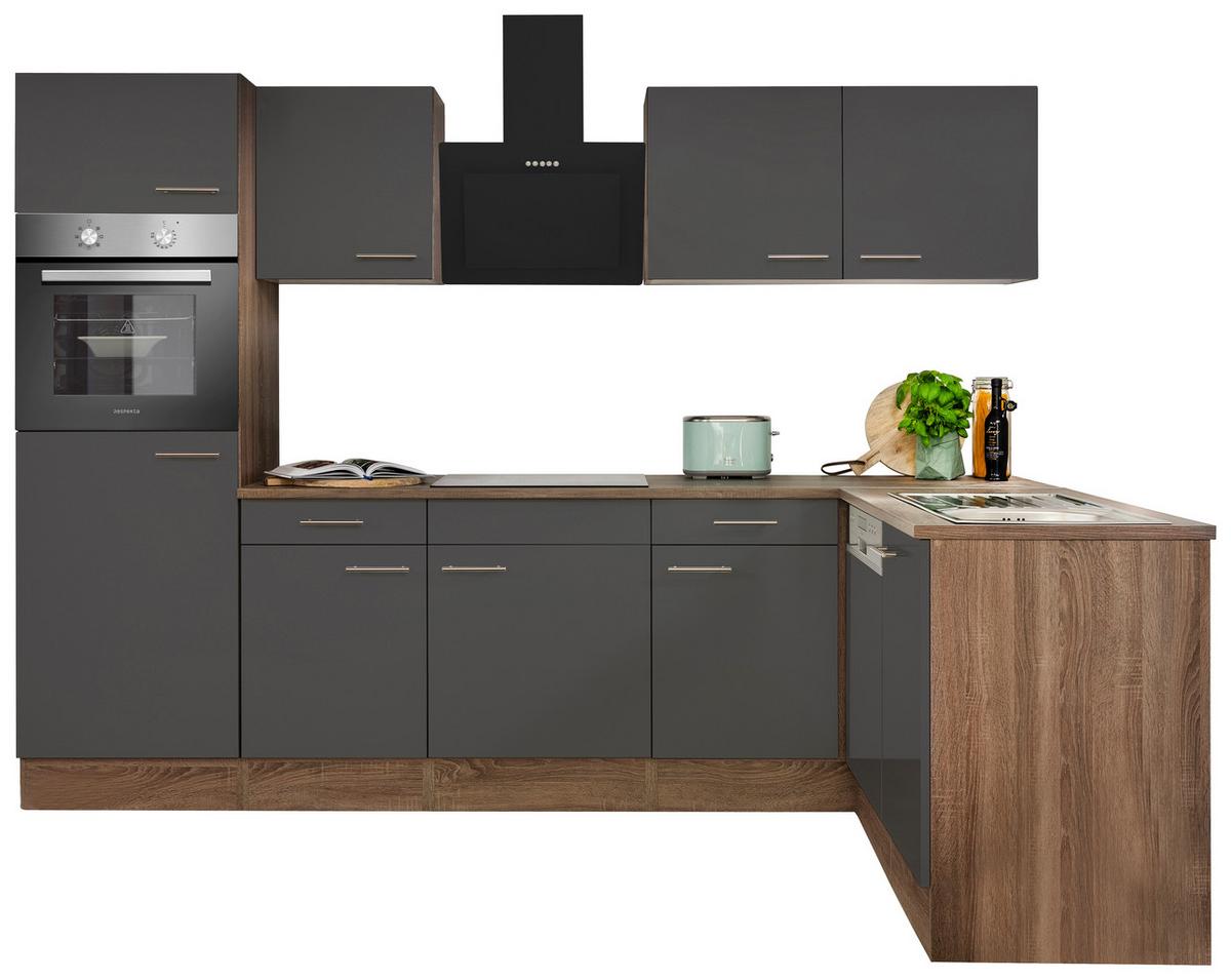 Eckküche Oliver mit Geräten ca. 280x172 cm Grau - Eichefarben/Grau, Basics, Holzwerkstoff/Metall (280/172cm) - Respekta