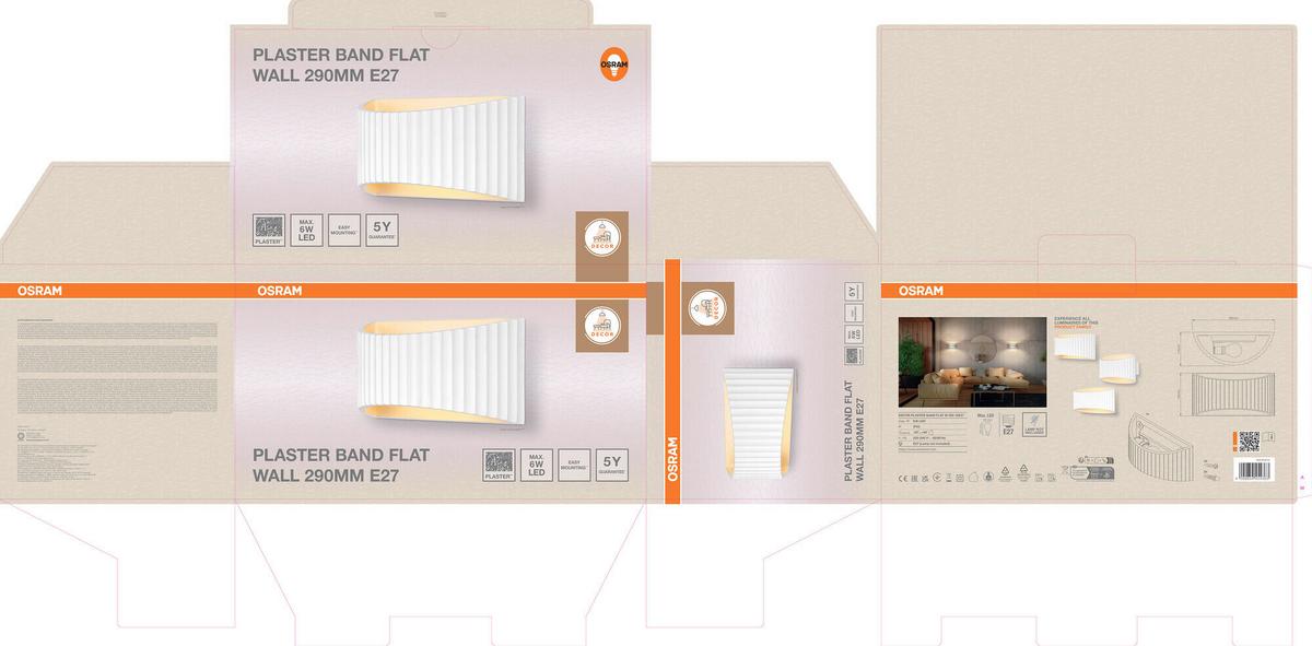 KINKIET DCR PLSTR BANDFLAT W 290 1XE27 - biały, Basics, kamień (29/11,8/15cm) - Osram