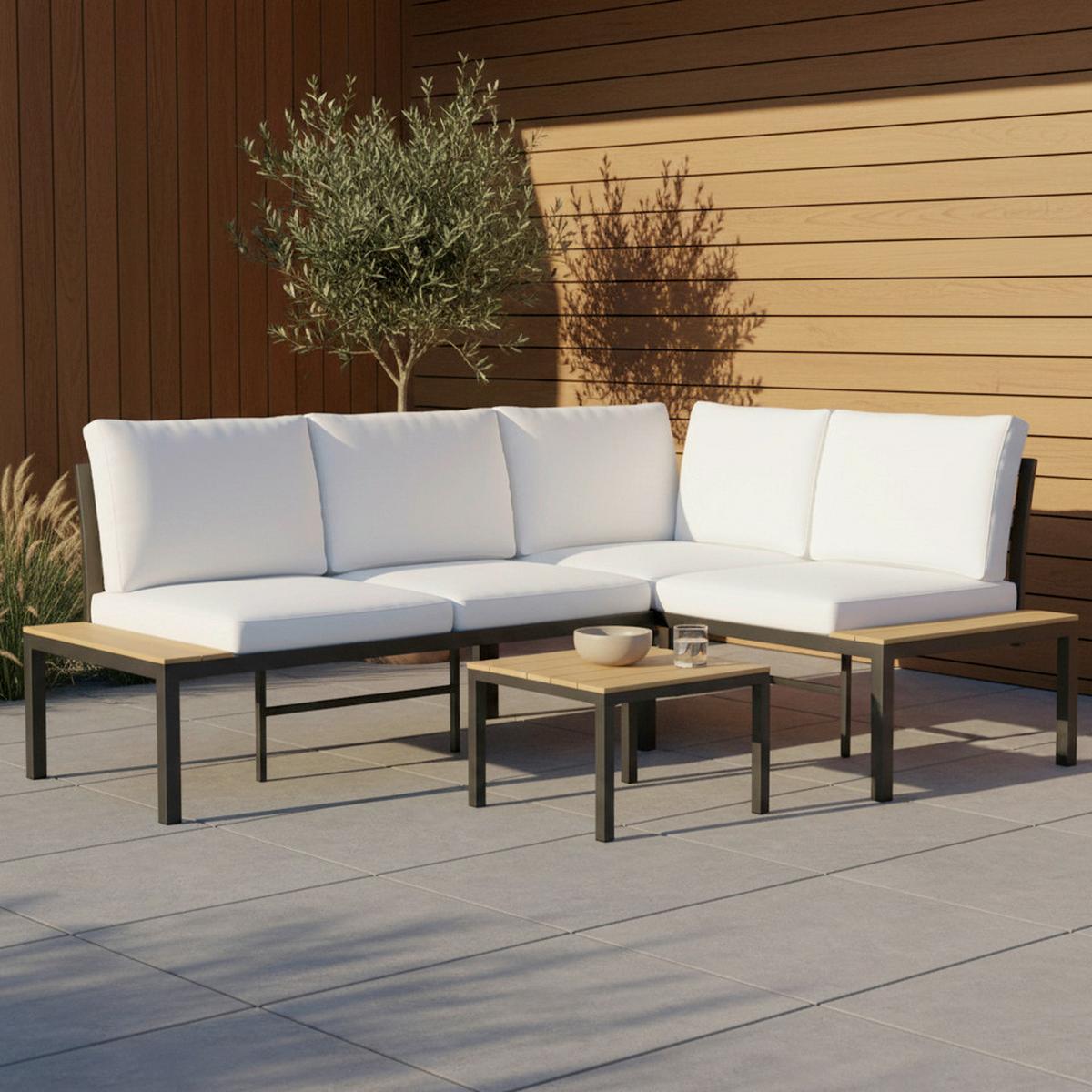 LoungegarniturSet Arianna Weiß Outdoorstoff/Metall +Abdeckung - Creme/Schwarz, MODERN, Kunststoff/Textil (146/76/75cm) - Bessagi Garden