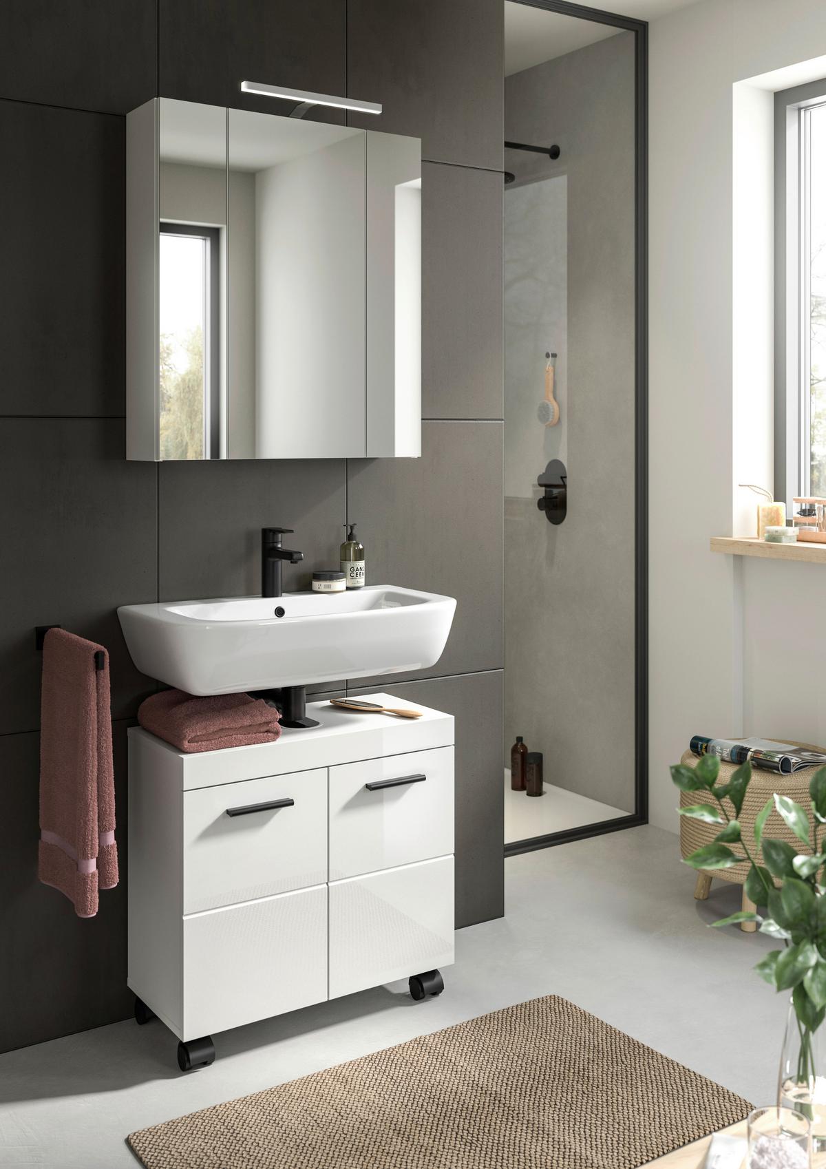 Badezimmer NOVA Weiß, Weiß Hochglanz 2-teilig - Weiß Hochglanz/Schwarz, Trend, Glas/Holzwerkstoff (60cm) - MID.YOU