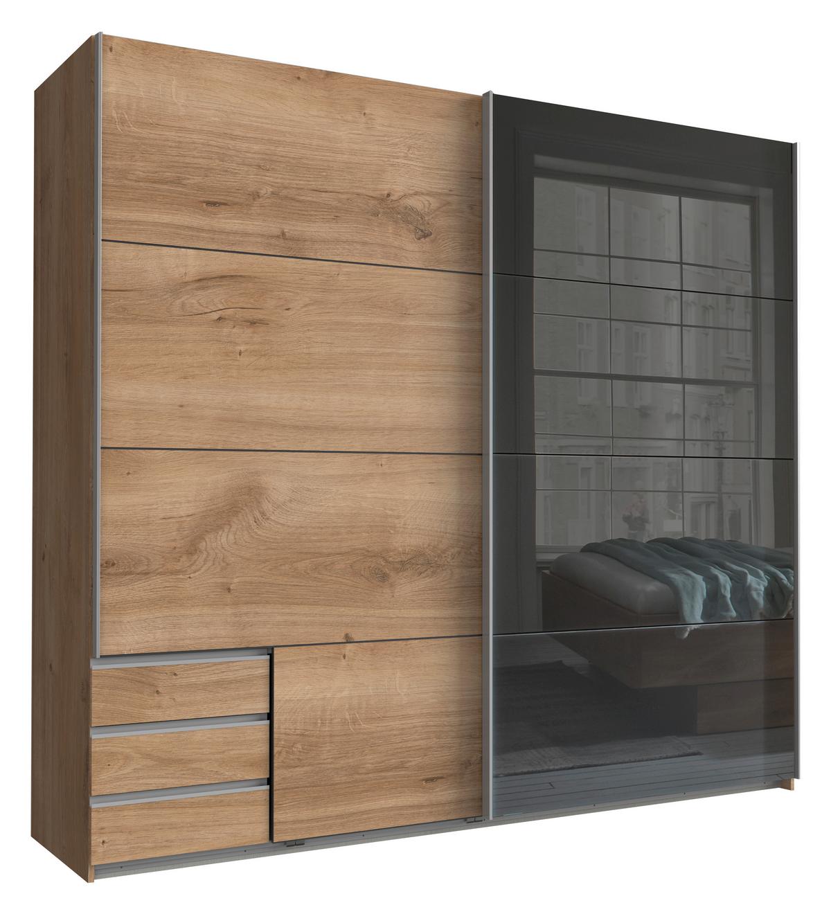 Schwebetürenschrank Valencia Eichefarben ca. 225x210x65cm - Eichefarben/Alufarben, KONVENTIONELL, Glas/Holzwerkstoff (225/210/65cm) - Mömax