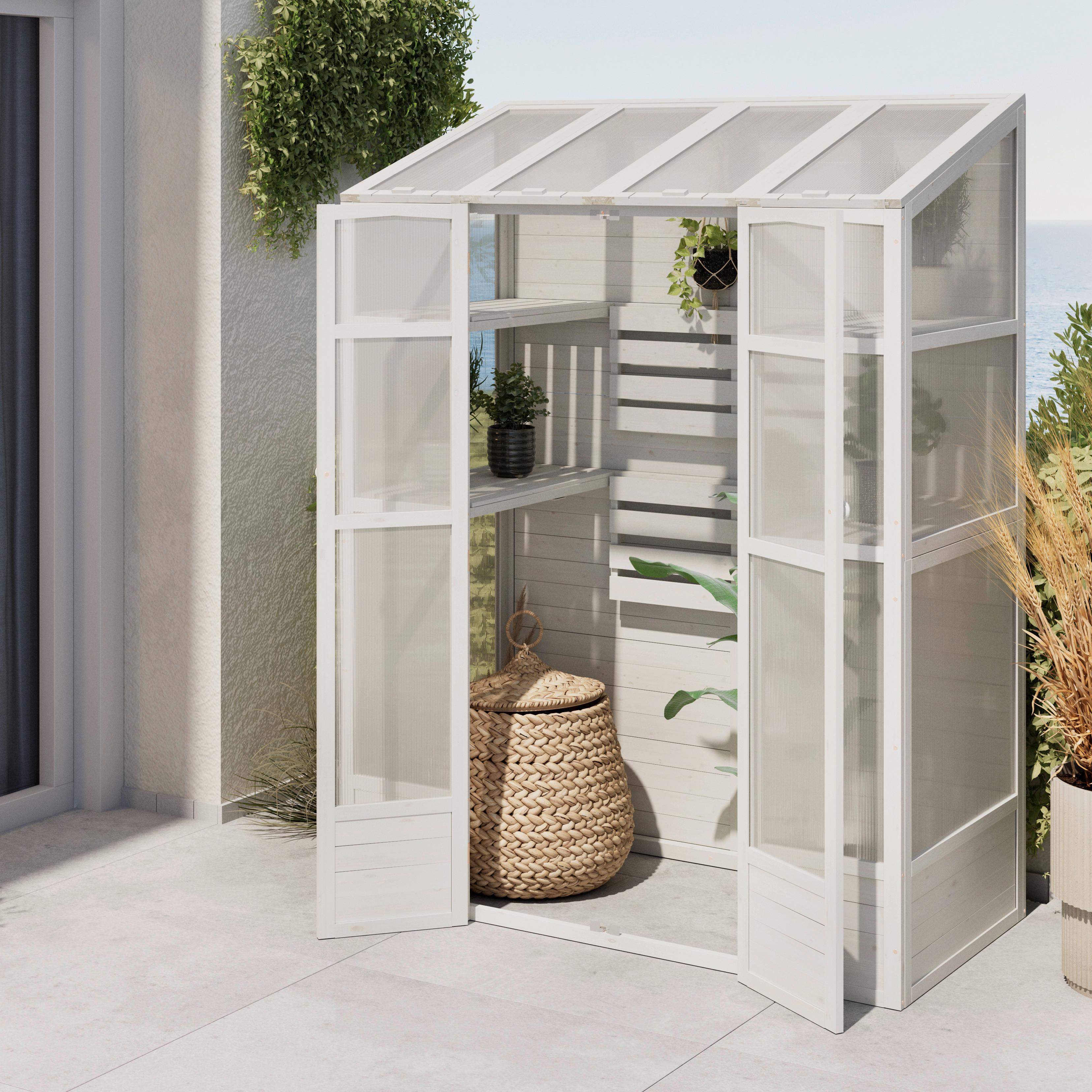 Gartenschrank Erin Weiß Echtholz/Kunststoff - Weiß, MODERN, Holz/Kunststoff (147/195/74cm) - Bessagi Garden