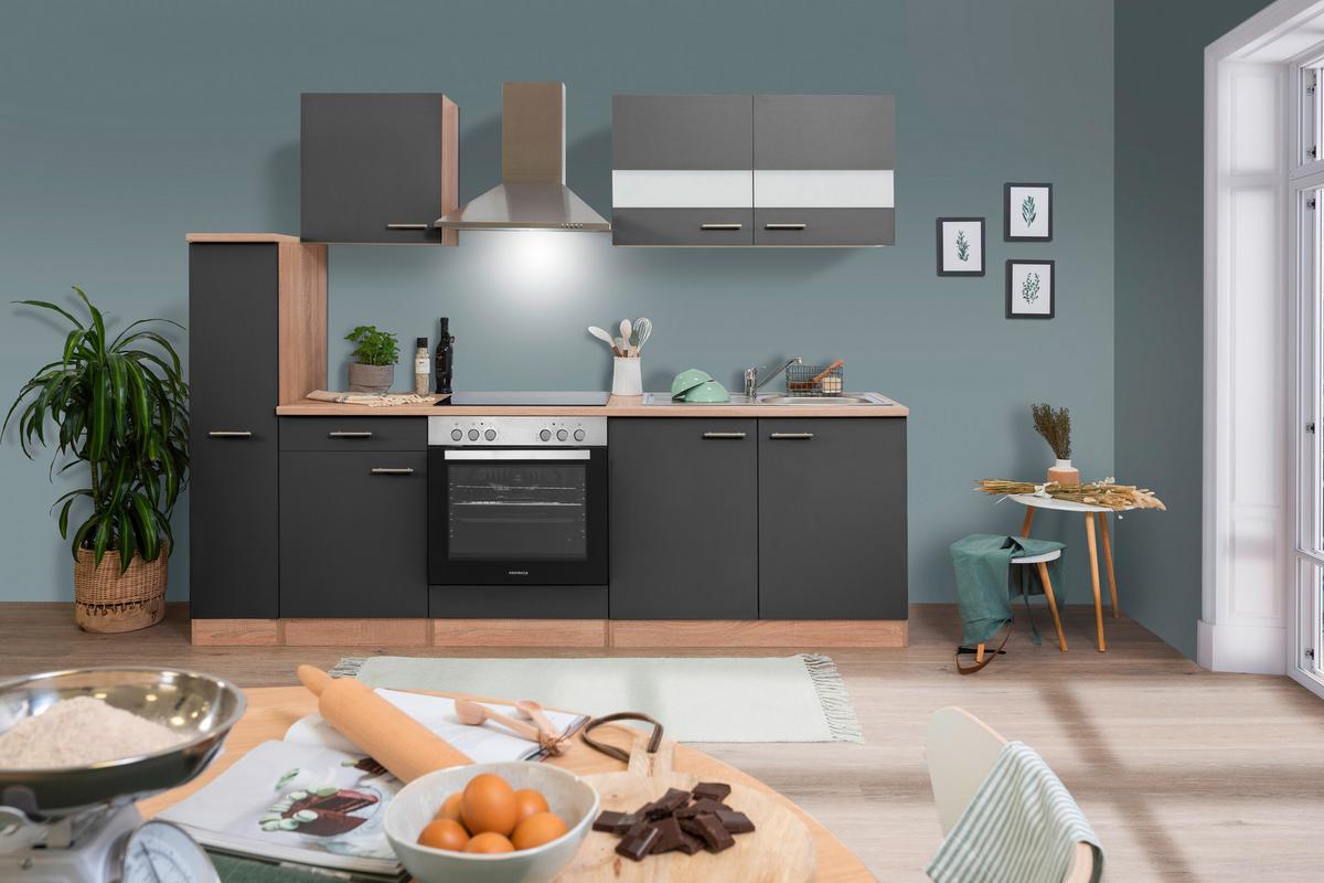 Küchenblock Merle mit Geräten ca. 240 cm Grau - Edelstahlfarben/Eichefarben, Basics, Holzwerkstoff/Metall (240cm) - Respekta