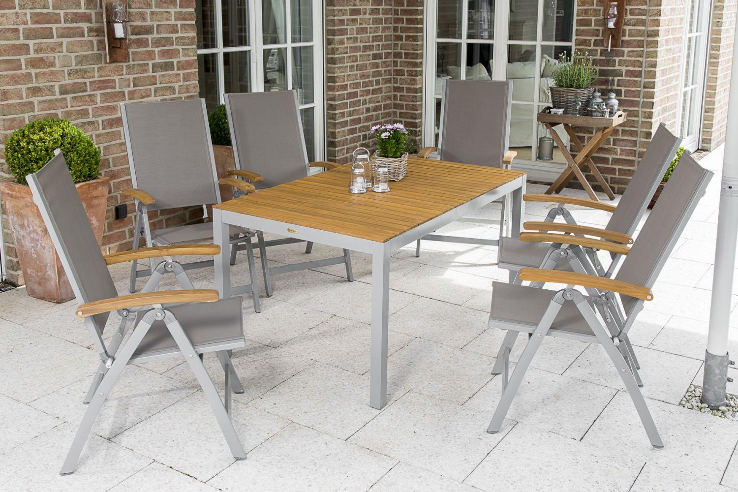 Gartentischgruppe Naxos 7-tlg. Grau/Akaziefarben - Silberfarben/Grau, MODERN, Holz/Textil - Gardenson