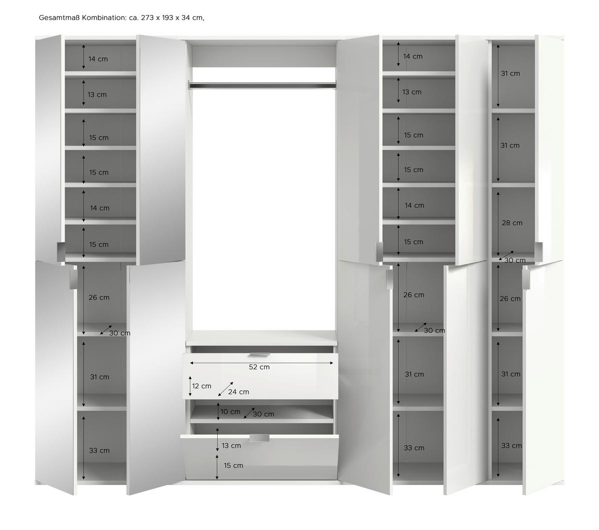 Garderobe Projekt X 4-teilig ca. 213x193 cm Artisan Eiche - KONVENTIONELL, Glas/Holzwerkstoff (213/193/34cm) - MID.YOU