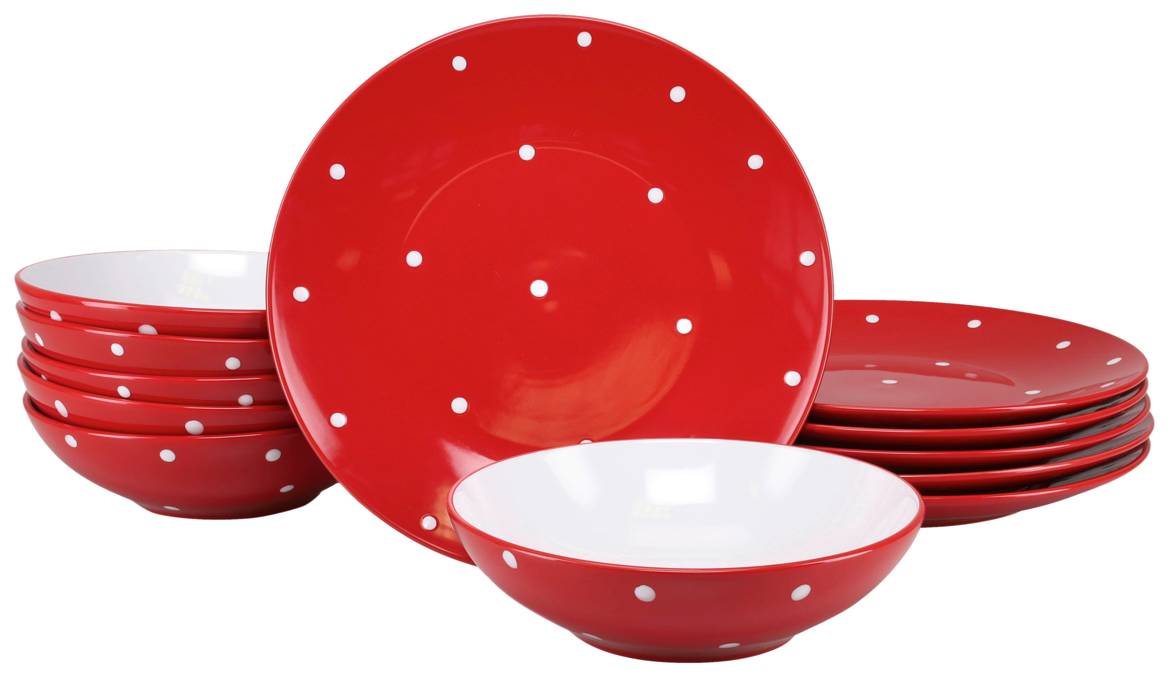 Jedilni Servis Polka Dots, 12-Delni - rdeča/bela, Basics, keramika - Creatable