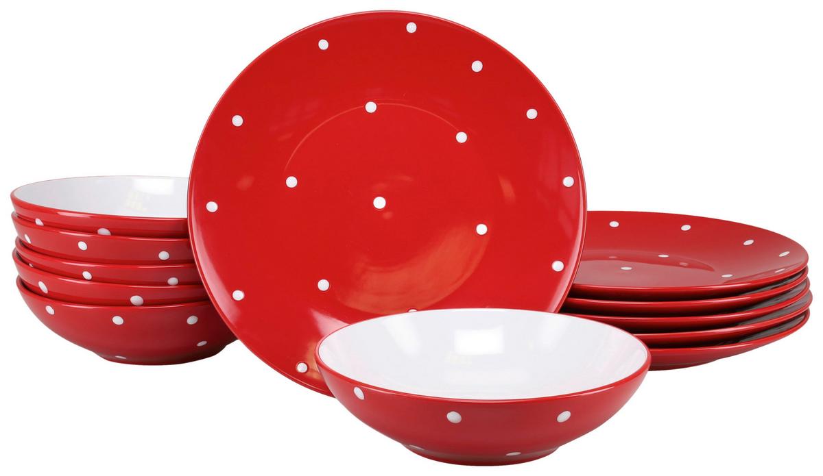 Jedilni Servis Polka Dots, 12-Delni - rdeča/bela, Basics, keramika - Creatable