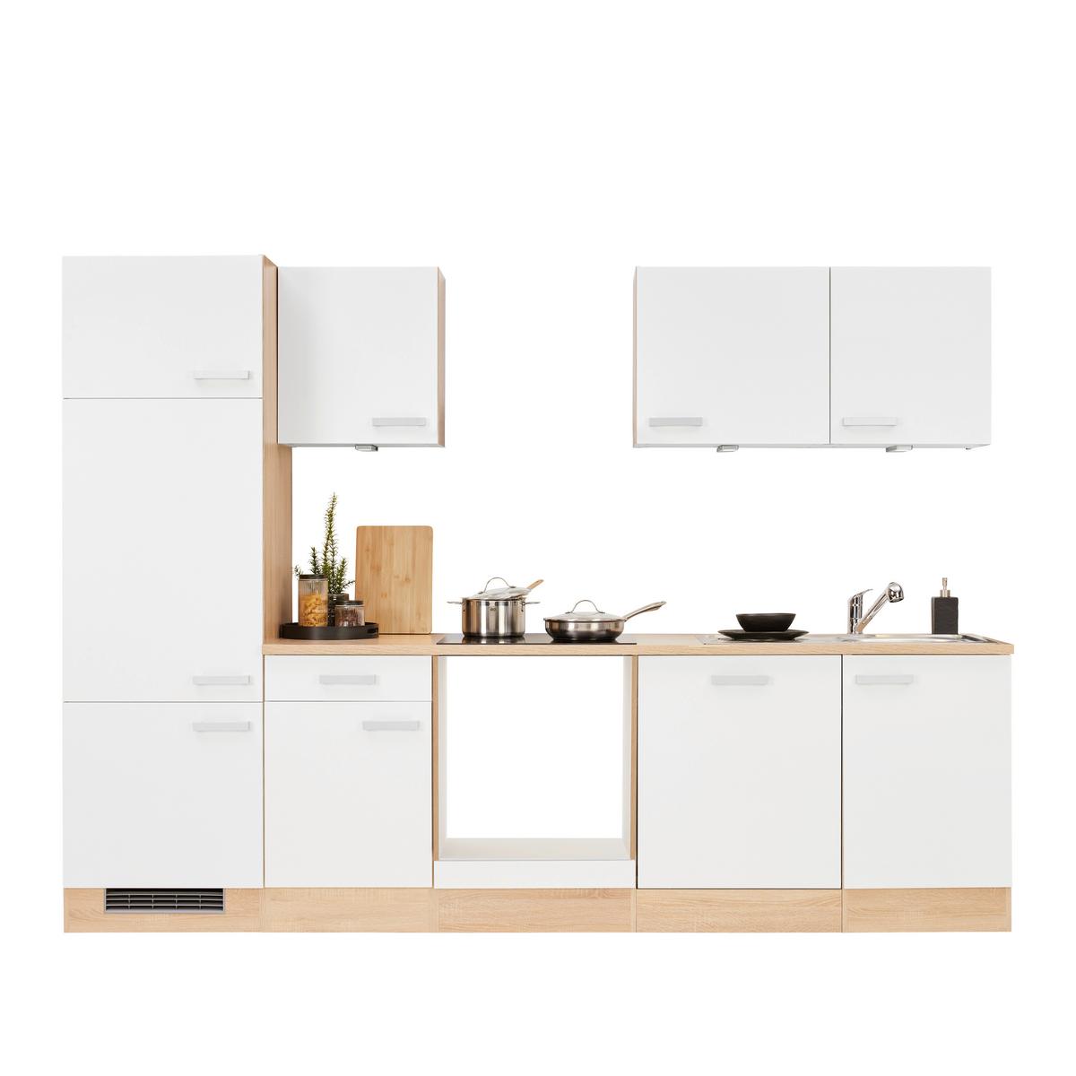 Küchenblock Lexa ohne Geräte Weiß/Eichefarben - Eichefarben/Alufarben, MODERN, Holzwerkstoff/Kunststoff (280cm) - Based