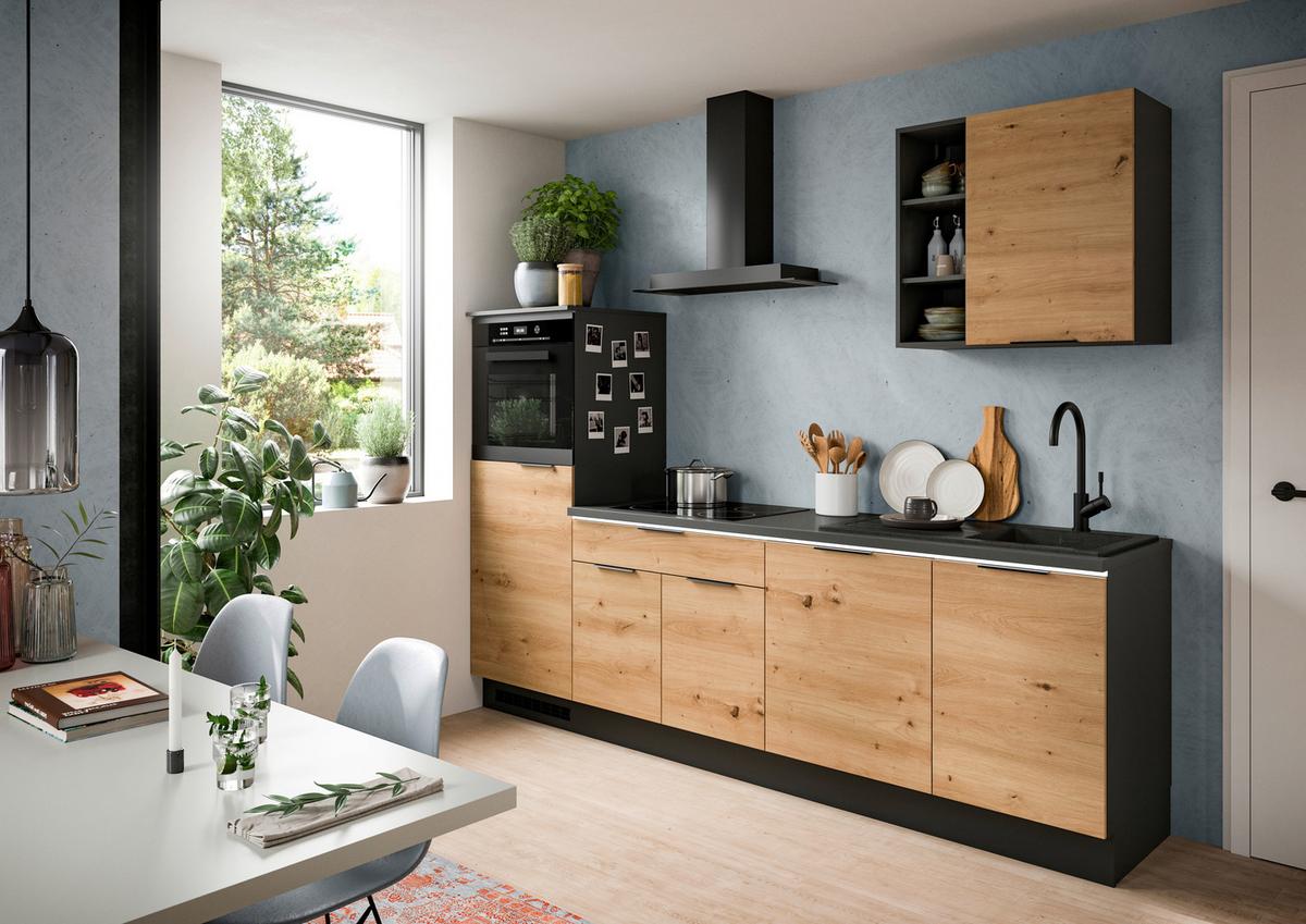 Küchenblock Charly ohne Geräte ca.260cm Eiche Artisan mit LED - Schwarz/Weiß, MODERN, Holzwerkstoff/Metall (260cm) - MID.YOU