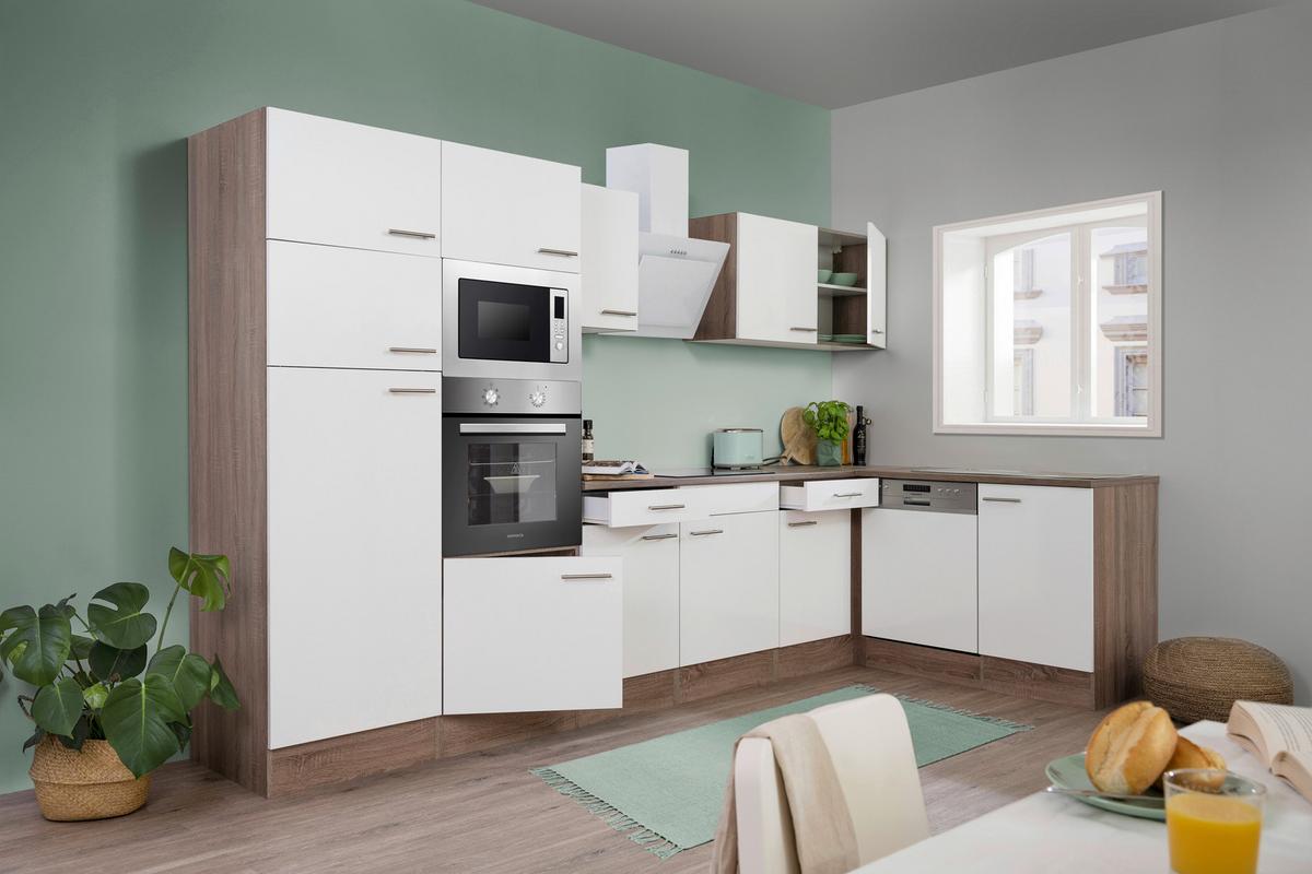 Eckküche Oliver mit Geräten ca. 340x172 cm Weiß - Eichefarben/Weiß, Basics, Holzwerkstoff/Metall (340/172cm) - Respekta