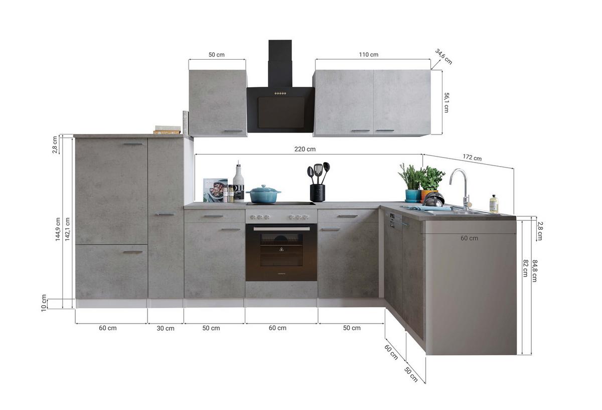 Kotna Kuhinja Z Aparati Malia, 310x172cm - barve nerjavečega jekla/siva, Basics, kovina/leseni material (310/172cm) - Respekta