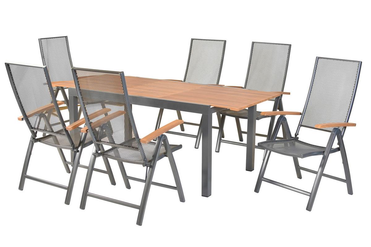 Gartentischgruppe Thasos 7-tlg. Graphitfarben - Graphitfarben/Naturfarben, KONVENTIONELL, Metall - Gardenson