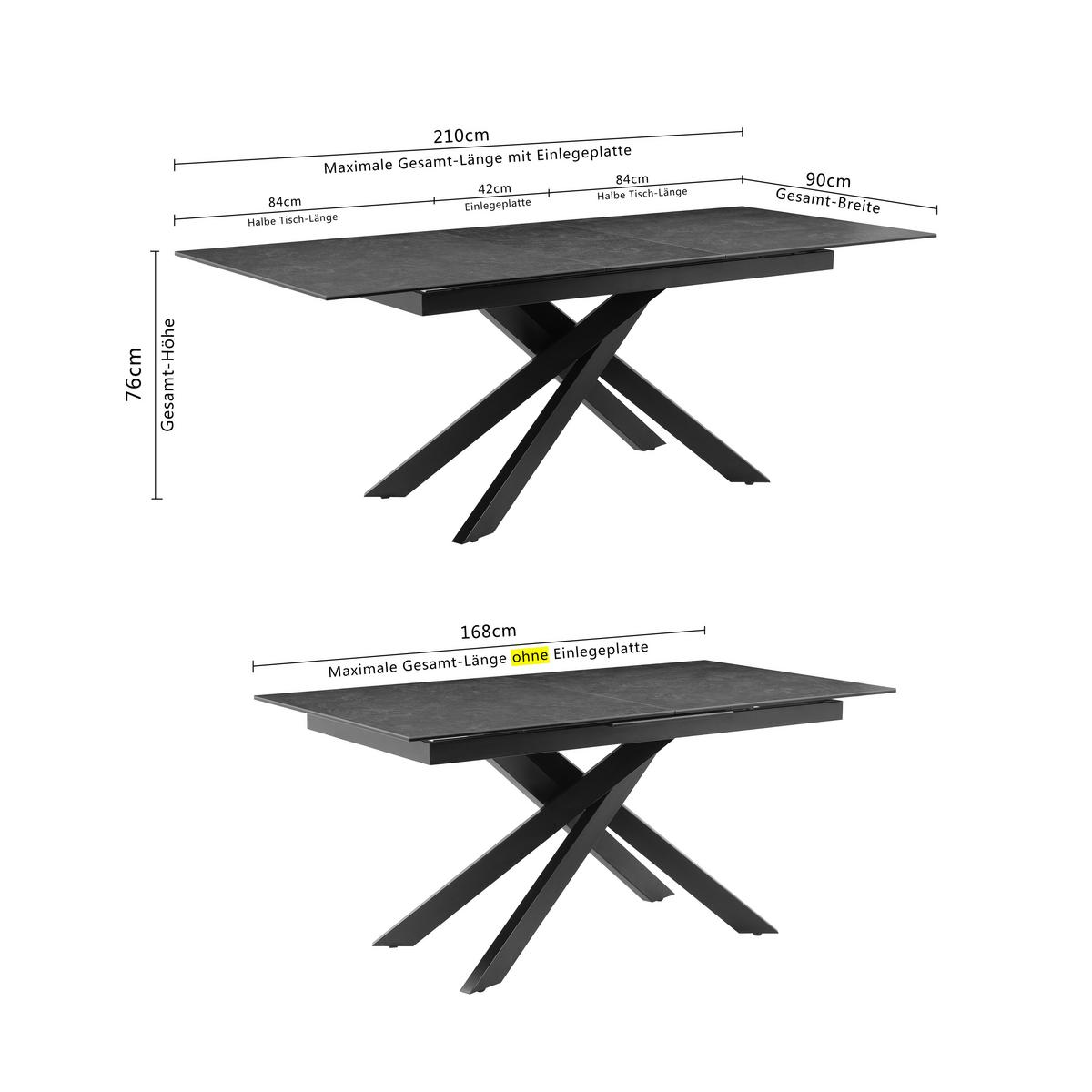 Raztegljiva Miza Lotus, Temno Siva, 168-210x90 - siva/črna, Moderno, kovina/steklo (168-210/90/76cm) - P & B