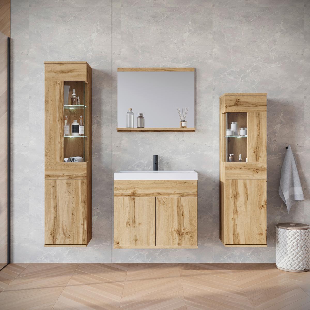 Badezimmer-Set Narobi 5-tlg. mit LED ca. 120 cm Eiche Wotan - Eiche Wotan/Weiß, Trend, Glas/Keramik (120,4cm) - P & B