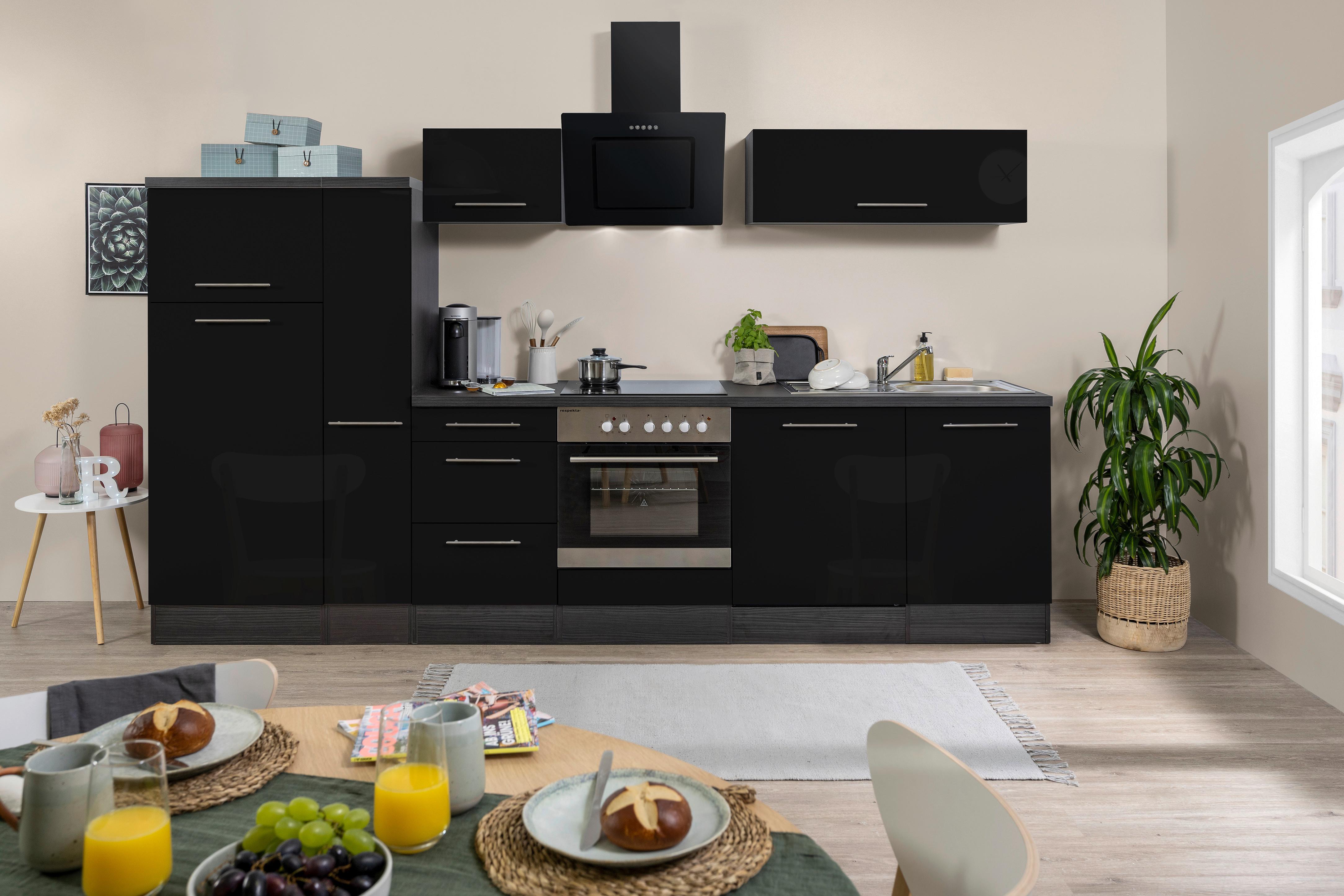 Küchenzeile mit Geräte Schwarz Hochglanz B: ca. 310 cm - Edelstahlfarben/Eichefarben, Basics, Holzwerkstoff/Metall (310cm) - Respekta