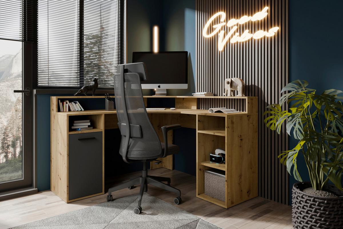 SCHREIBTISCH FOX - Anthrazit/Eiche Artisan, MODERN, Holzwerkstoff/Kunststoff (139/139/90,8cm) - MID.YOU