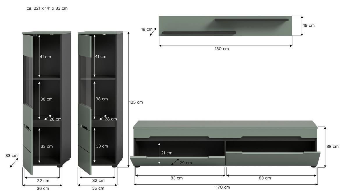 Dnevni Regal Canu, Sivozelena, 4-Delni - črna, Design, umetna masa/leseni material (272/141/33cm) - Livetastic