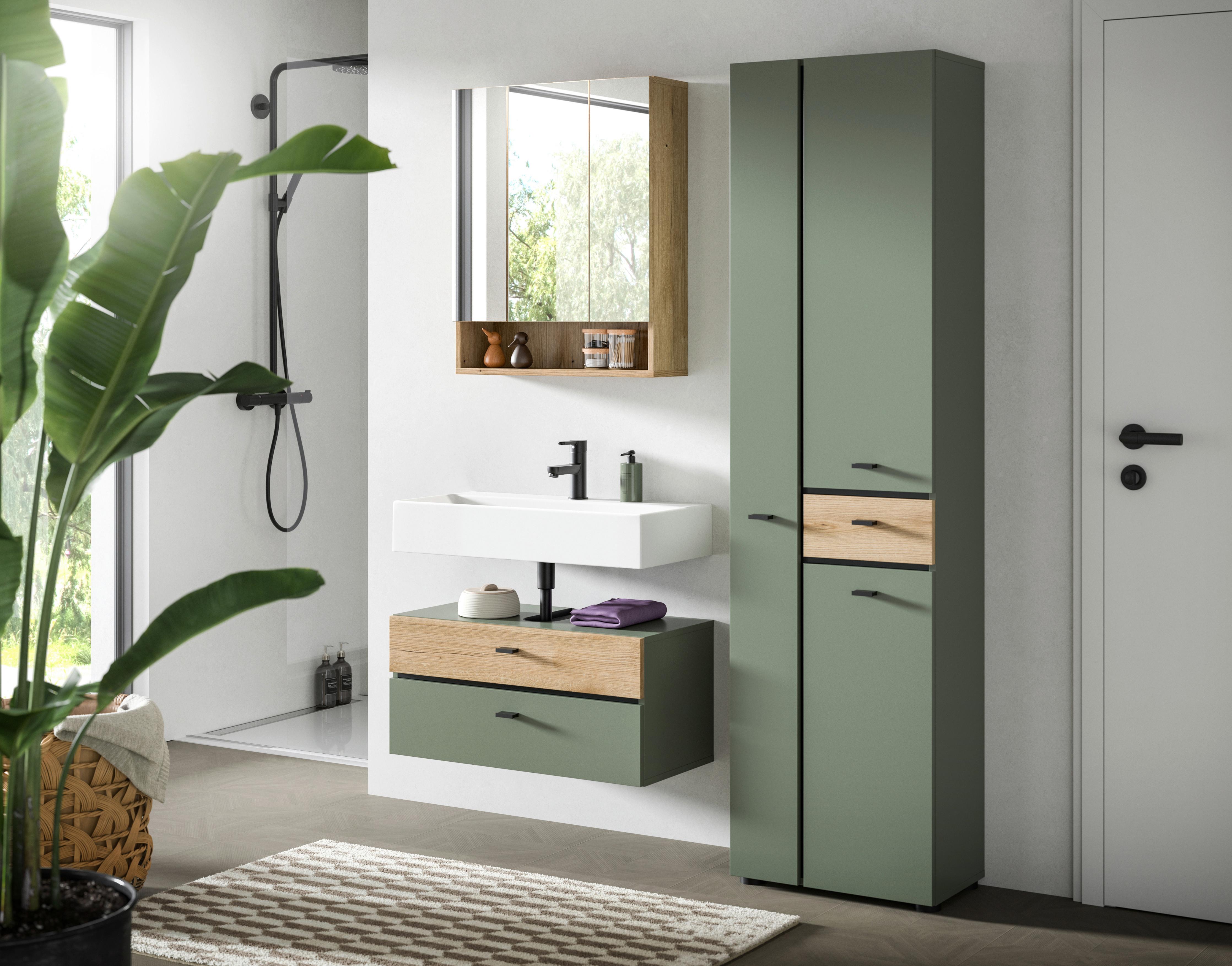 Badezimmer AQUA Grün, Eichefarben 3-teilig - Eichefarben/Schwarz, Trend, Glas/Holzwerkstoff (126cm) - MID.YOU