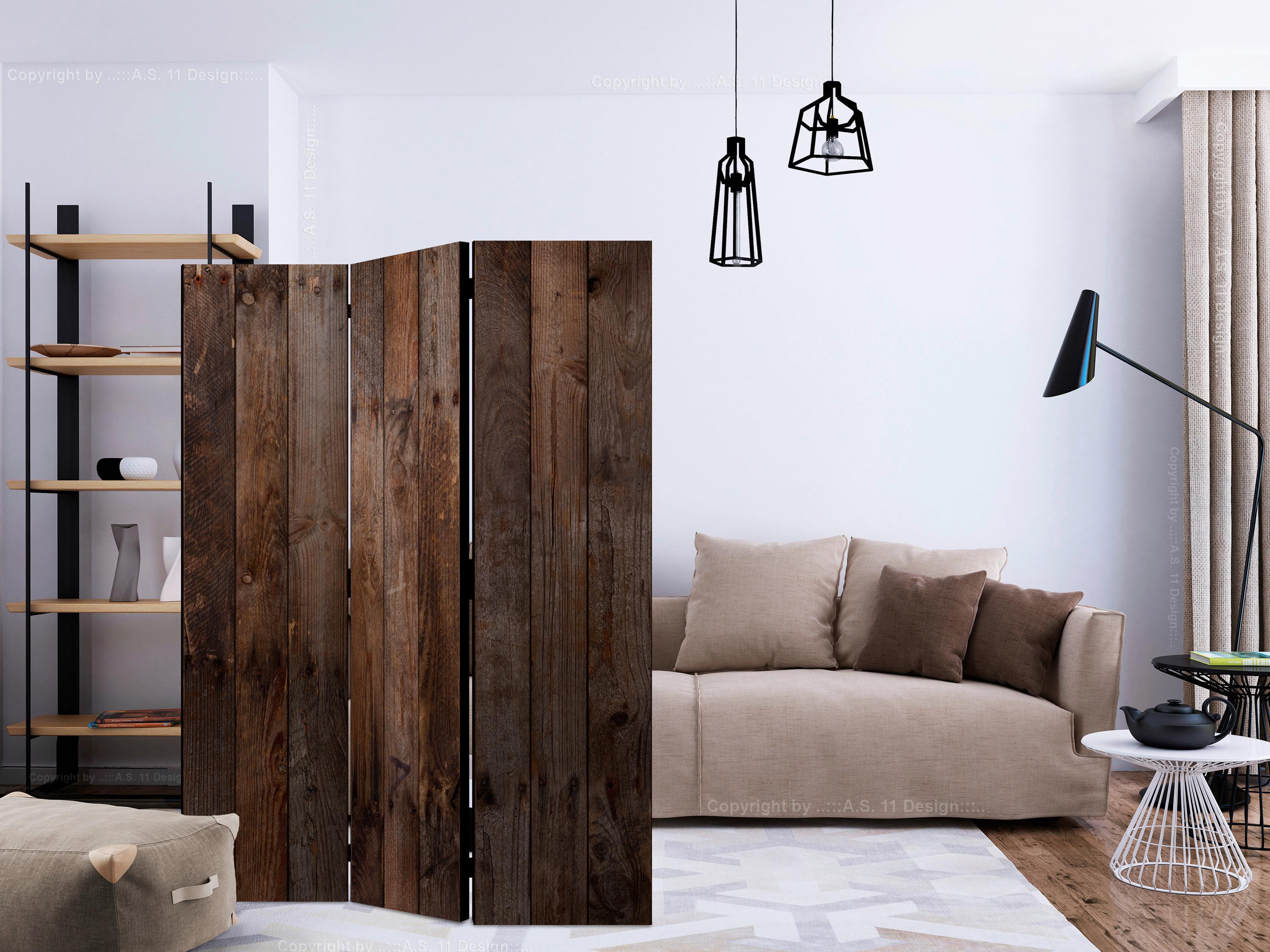 Paravan Wooden Hut, 3-Delni, Akustičen - barve kapučina/rjava, Basics, umetna masa/tekstil (135/172/3cm) - artgeist