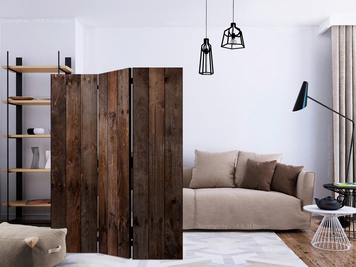Paravan Wooden Hut, 3-Delni, Akustičen - barve kapučina/rjava, Basics, umetna masa/tekstil (135/172/3cm) - artgeist