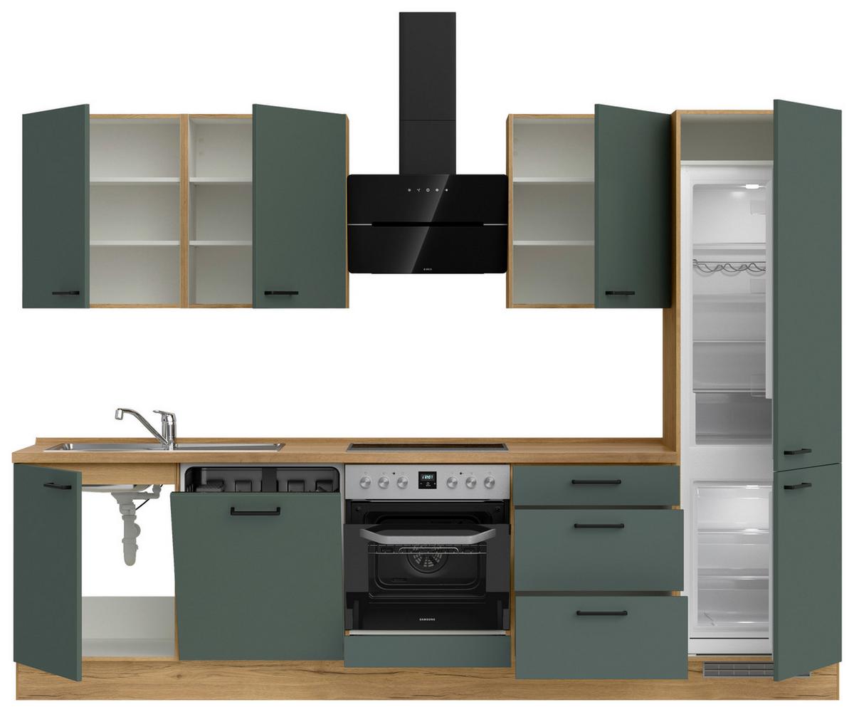 Küchenblock Easytouch High m. Geräten Dunkelgrün - Dunkelgrün/Eichefarben, MODERN, Holzwerkstoff/Metall (300cm) - Nobilia