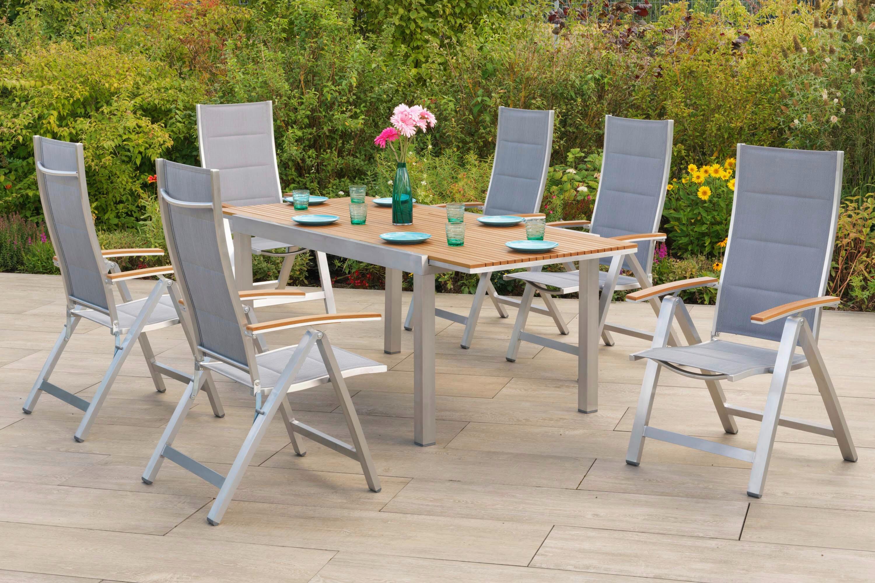 Gartentischgruppe San Remo 7-tlg. Grau/Naturfarben - Silberfarben/Naturfarben, KONVENTIONELL, Kunststoff/Textil - Gardenson