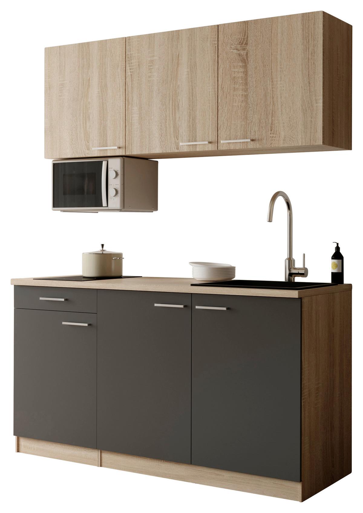 Miniküche Ingrid m. Geräten ca. 150cm Grau - Eichefarben/Alufarben, Design, Holzwerkstoff/Kunststoff (150cm) - Respekta
