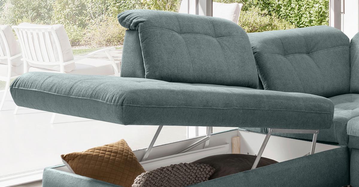 Wohnlandschaft Rigatti Blau Chenille mit Bettkasten - Blau/Schwarz, MODERN, Textil/Metall (252/387/184cm) - Livetastic