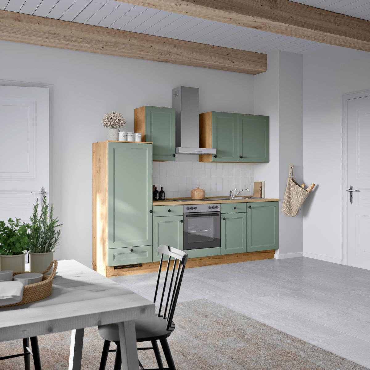 Küchenblock Cascada Low m. Geräten Schilfgrün - Schilfgrün/Eichefarben, MODERN, Holzwerkstoff/Metall (270cm) - Nobilia