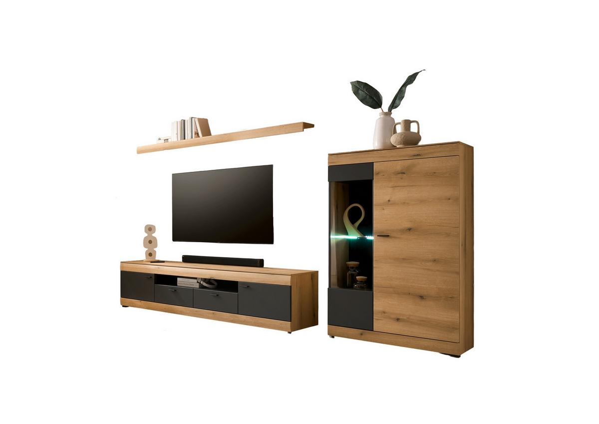 WOHNWAND SOLETO - Eichefarben/Graphitfarben, Design, Glas/Holzwerkstoff (300/170/45cm) - MID.YOU