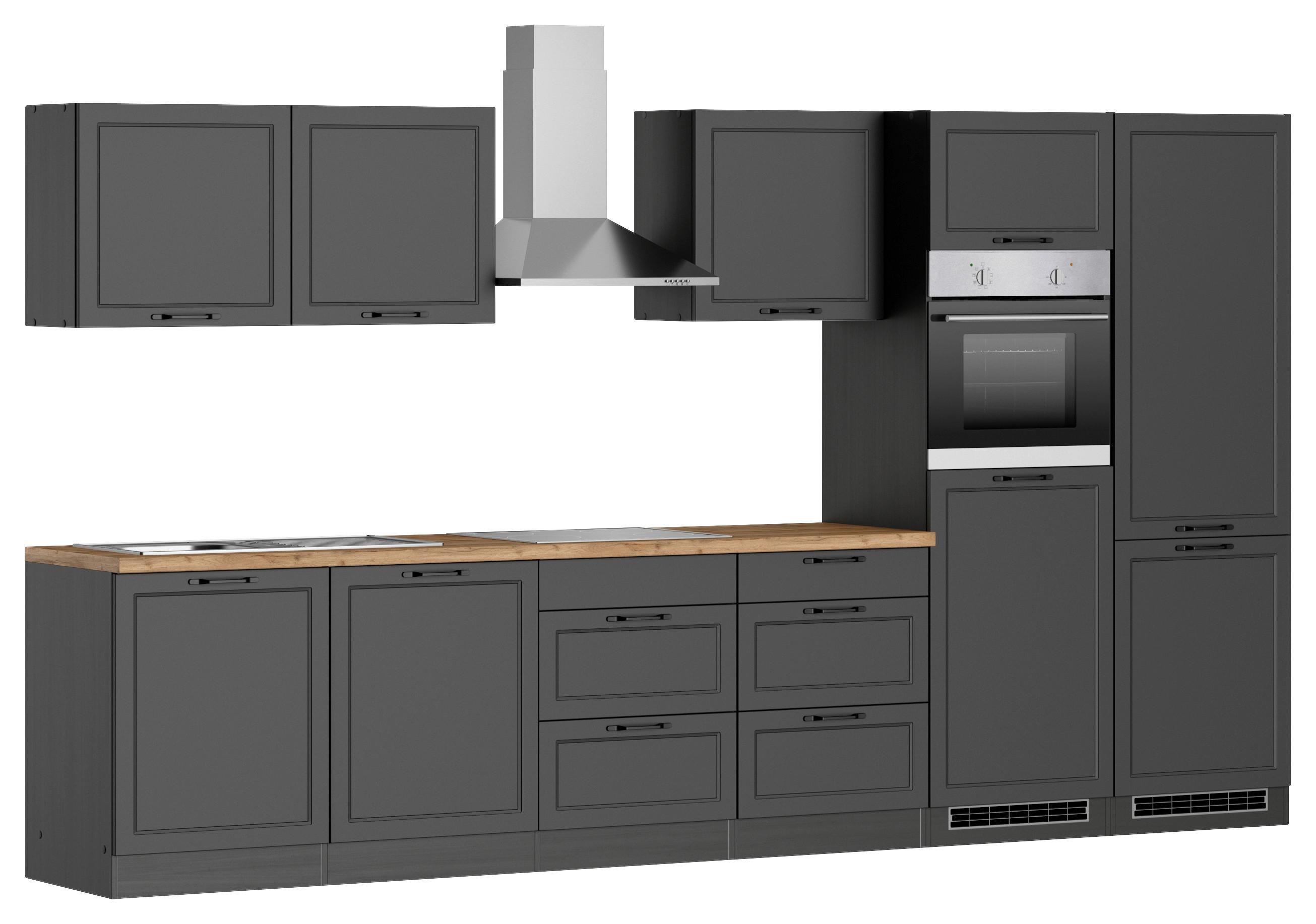 Küchenzeile Meran mit Geräten ca. 360 cm Grau/Eiche Dekor - Eiche Wotan/Schwarz, LIFESTYLE, Holzwerkstoff/Metall (360cm) - Held
