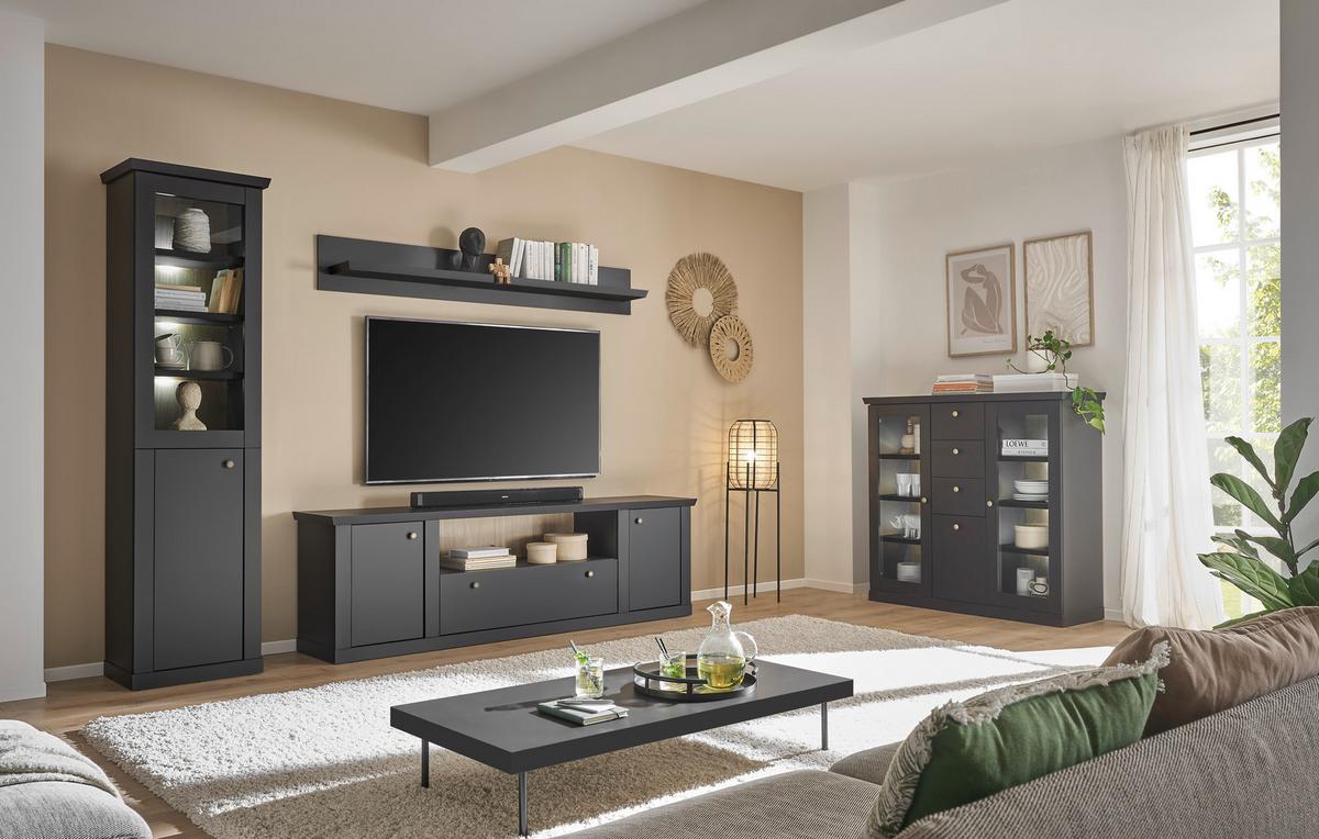 Wohnwand Lincoln Schwarz/Eichefarben B: 270cm - Eichefarben/Messingfarben, Design, Holzwerkstoff/Metall (270/200/42cm) - MID.YOU