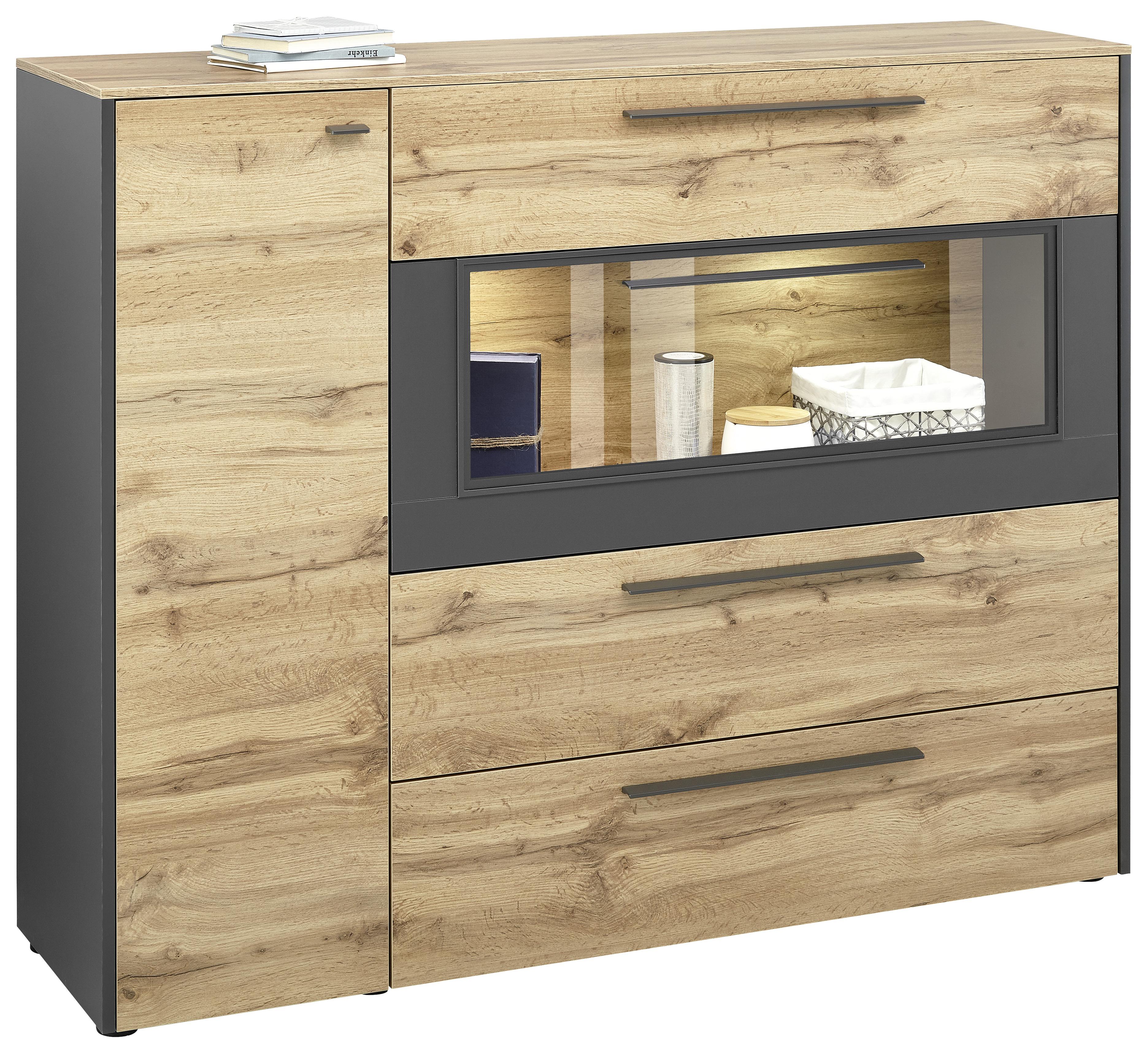 Highboard in Eiche-/Schieferfarben - Schieferfarben/Eichefarben, MODERN, Holzwerkstoff/Kunststoff (144/118/40cm) - Premium Living