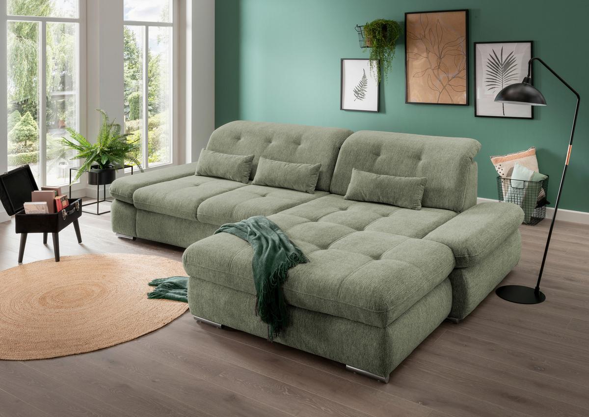 Wohnlandschaft Dalida Grün Chenille - Chromfarben/Grün, Design, Textil/Metall (300/196cm) - Livetastic