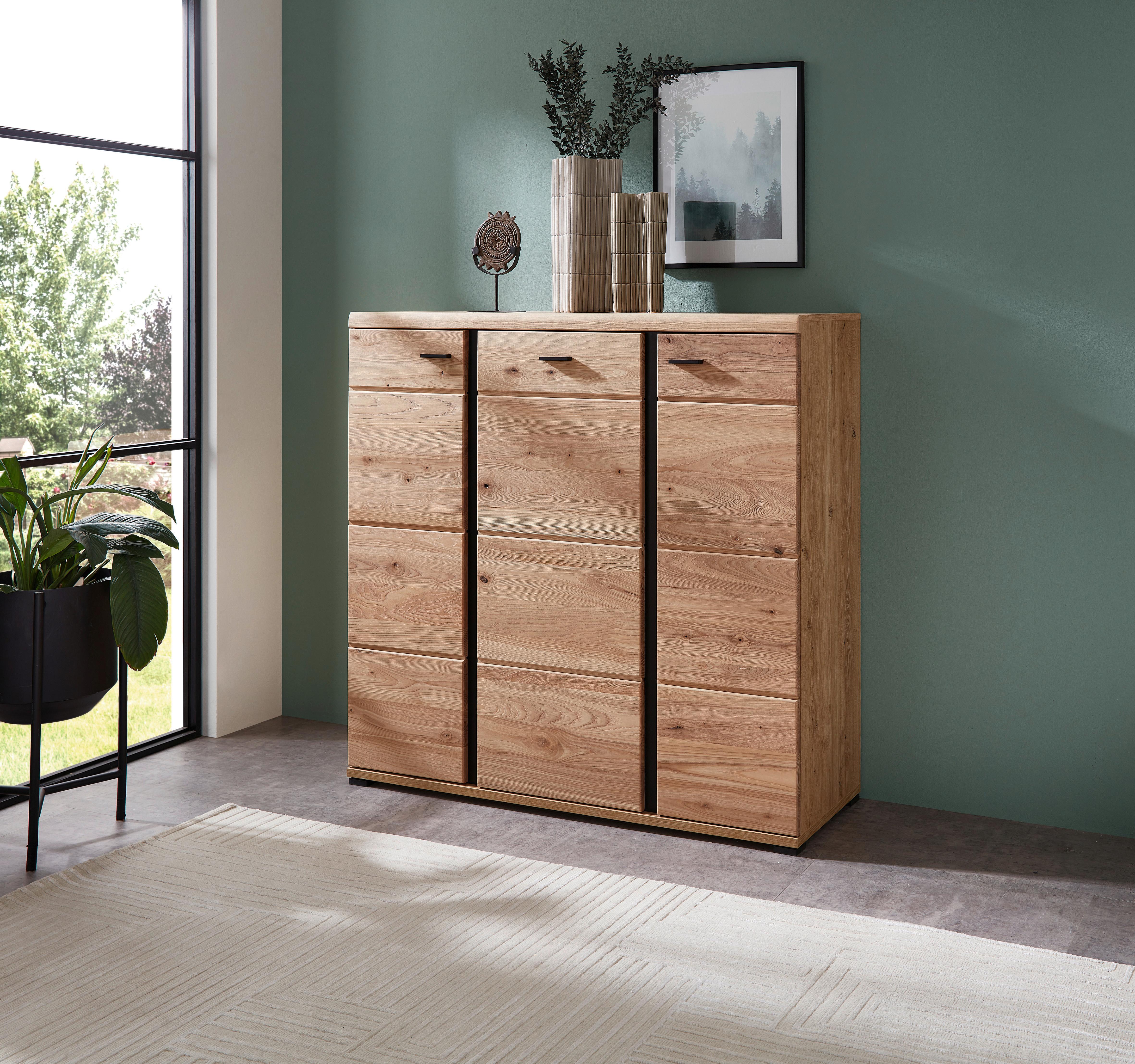 KOMODA WYSOKA SONOS - kolor jesionowy/czarny, Design, materiał drewnopochodny/tworzywo sztuczne (124/120/42cm) - Linea Natura