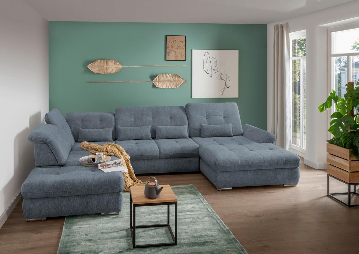 Wohnlandschaft Dalida Hellblau Chenille - Chromfarben/Hellblau, Design, Textil/Metall (254/376/195cm) - Livetastic