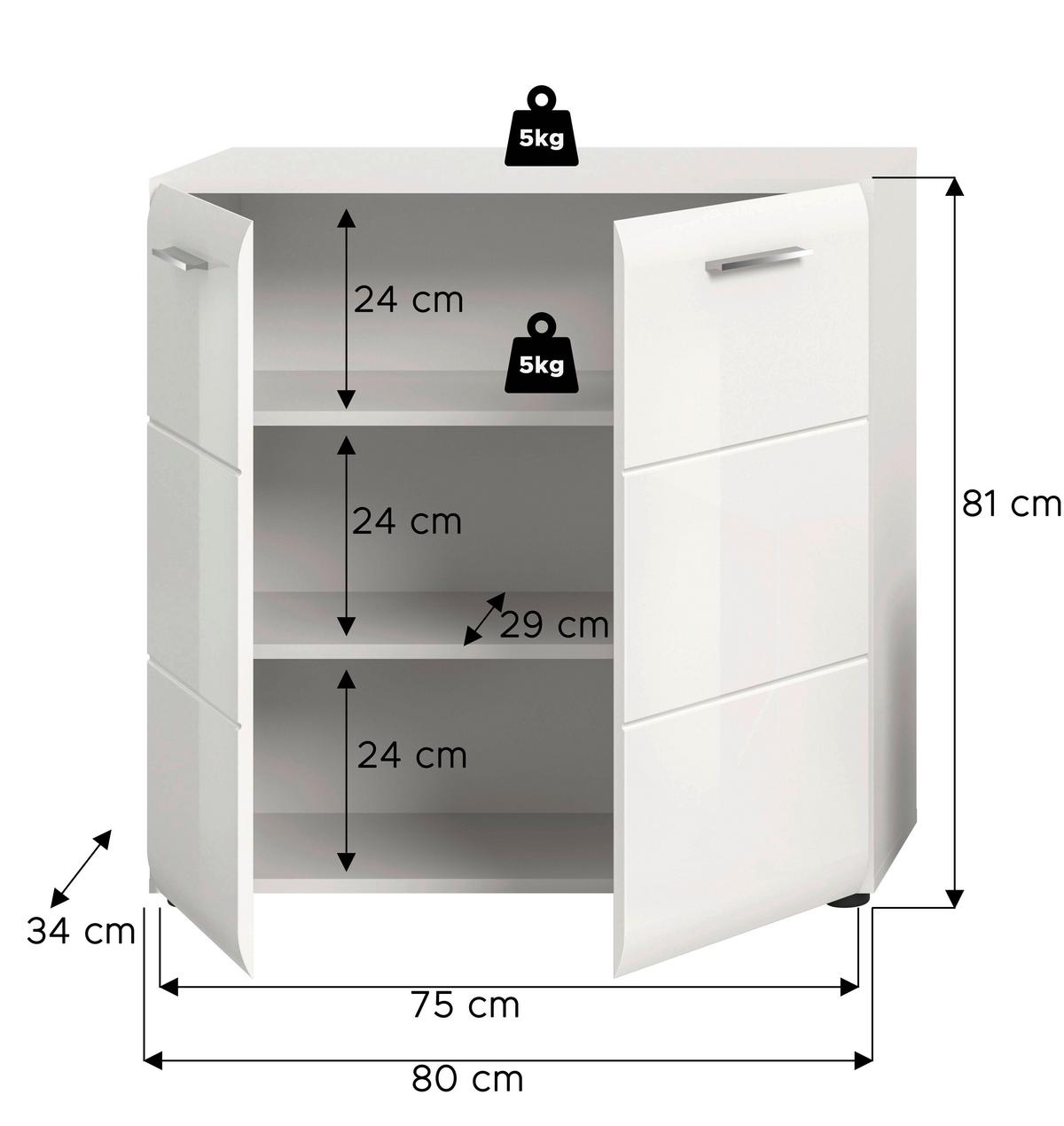 Komoda Ice, Bela Visok Sijaj - srebrne barve/črna, Design, umetna masa/leseni material (80/81/34cm) - Livetastic