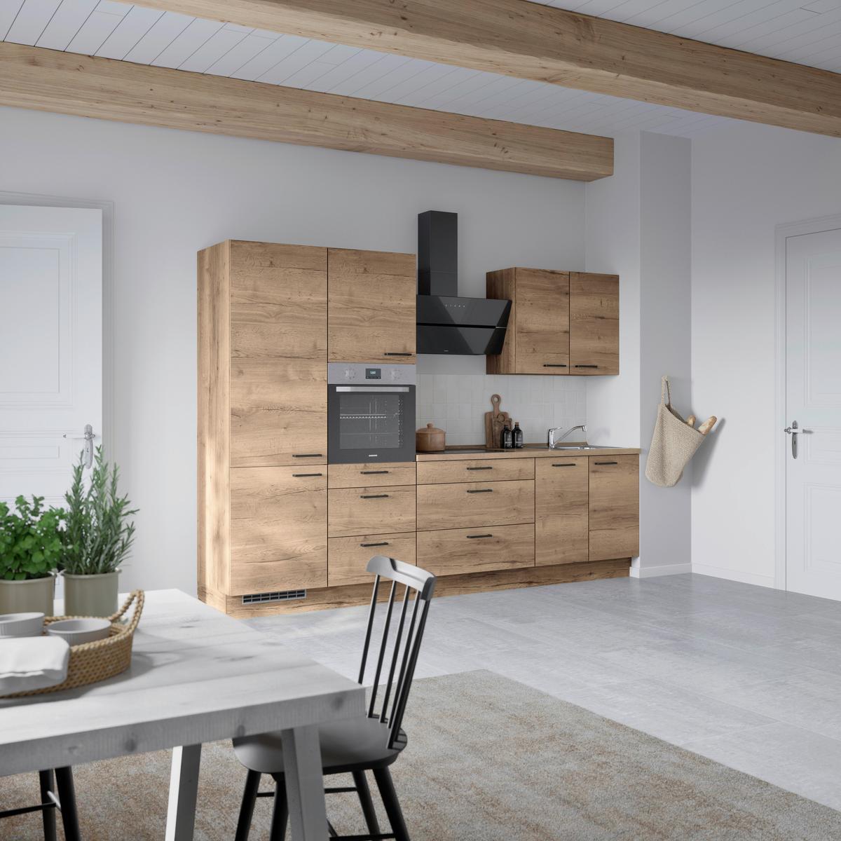 Küchenblock Structura High m. Geräten Eiche dunkel - Eiche dunkel/Schwarz, MODERN, Holzwerkstoff/Metall (300cm) - Nobilia