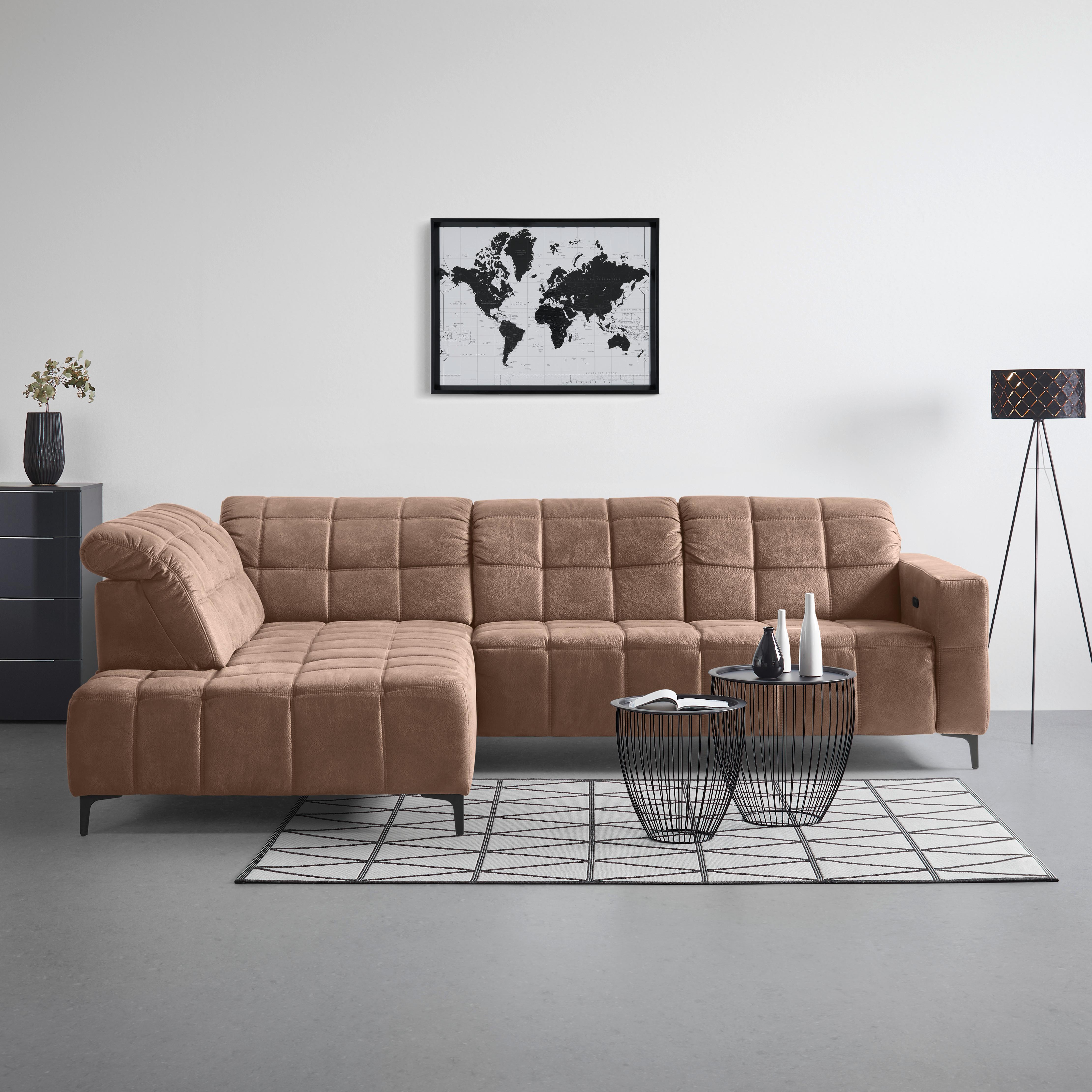 Ecksofa Panama links Terracotta - Terracotta/Schwarz, KONVENTIONELL, Textil/Metall (216/89-102/304cm) - Premium Living