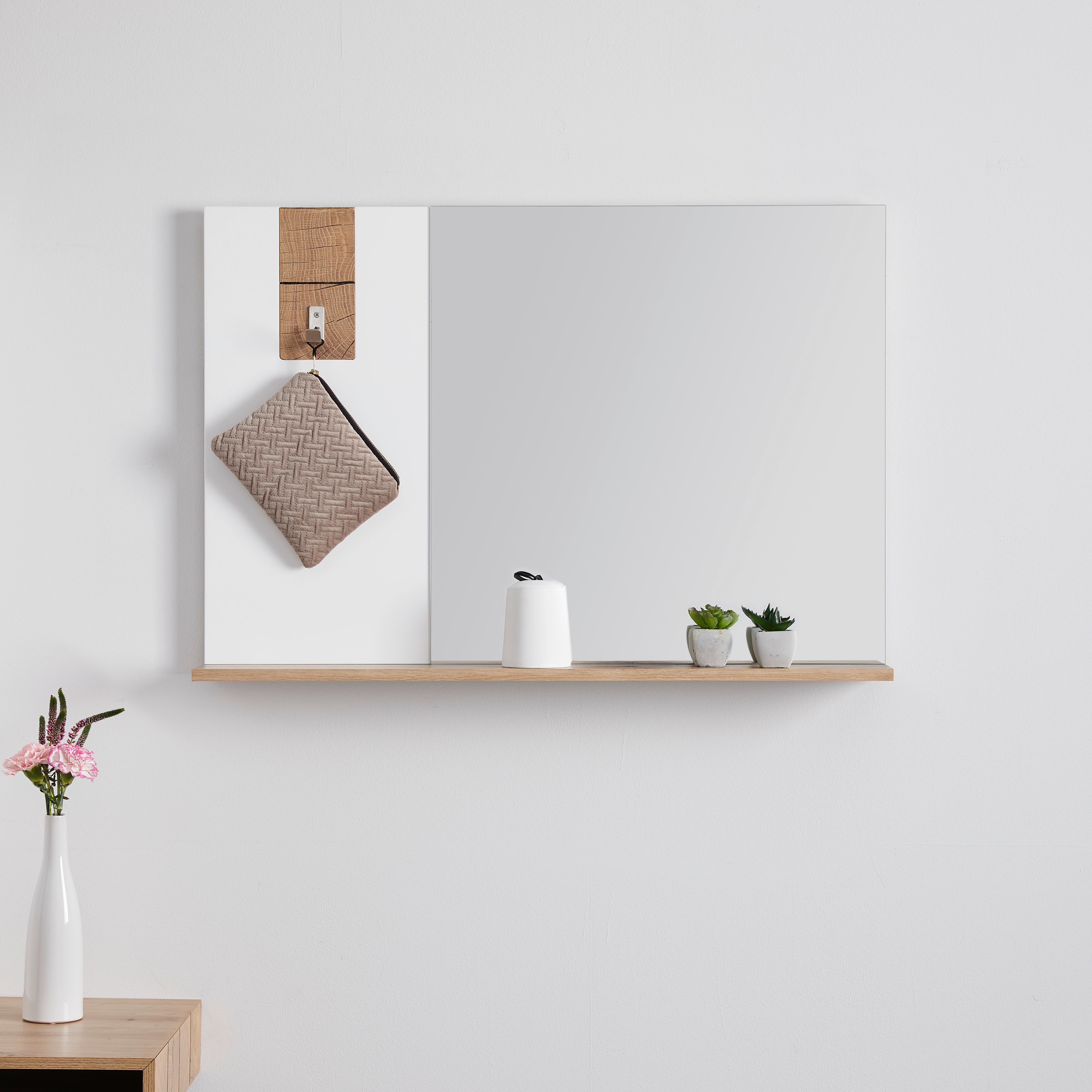 Spiegel Cara ca. 90x62 cm Weiß/Eichefarben - Eichefarben/Weiß, MODERN, Glas (90/62/15cm) - Bessagi Home
