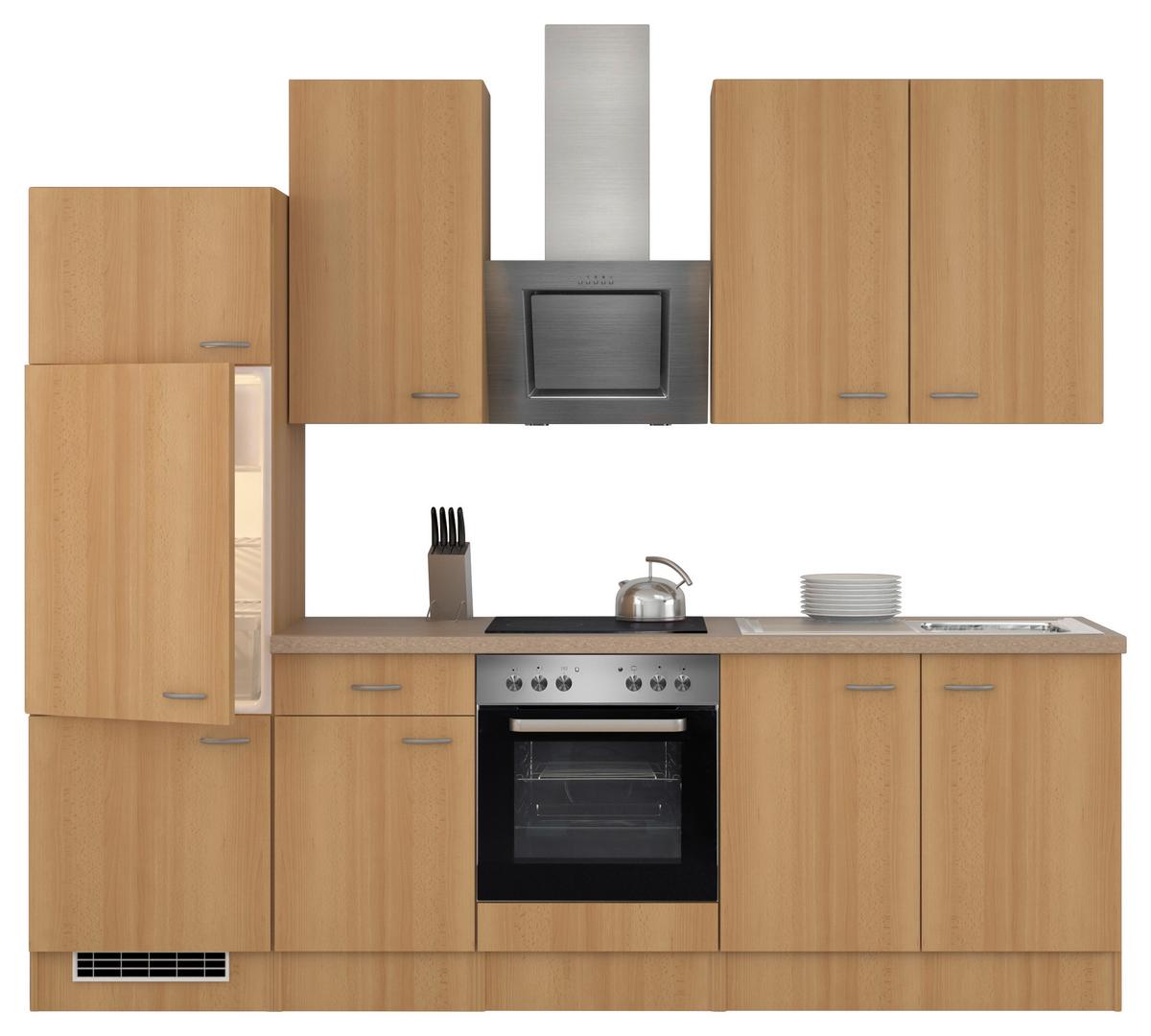 Küchenblock in Buche inkl. Geräte und Spüle 'Nano' - Edelstahlfarben/Beige, MODERN, Holzwerkstoff/Kunststoff (270cm) - FlexWell