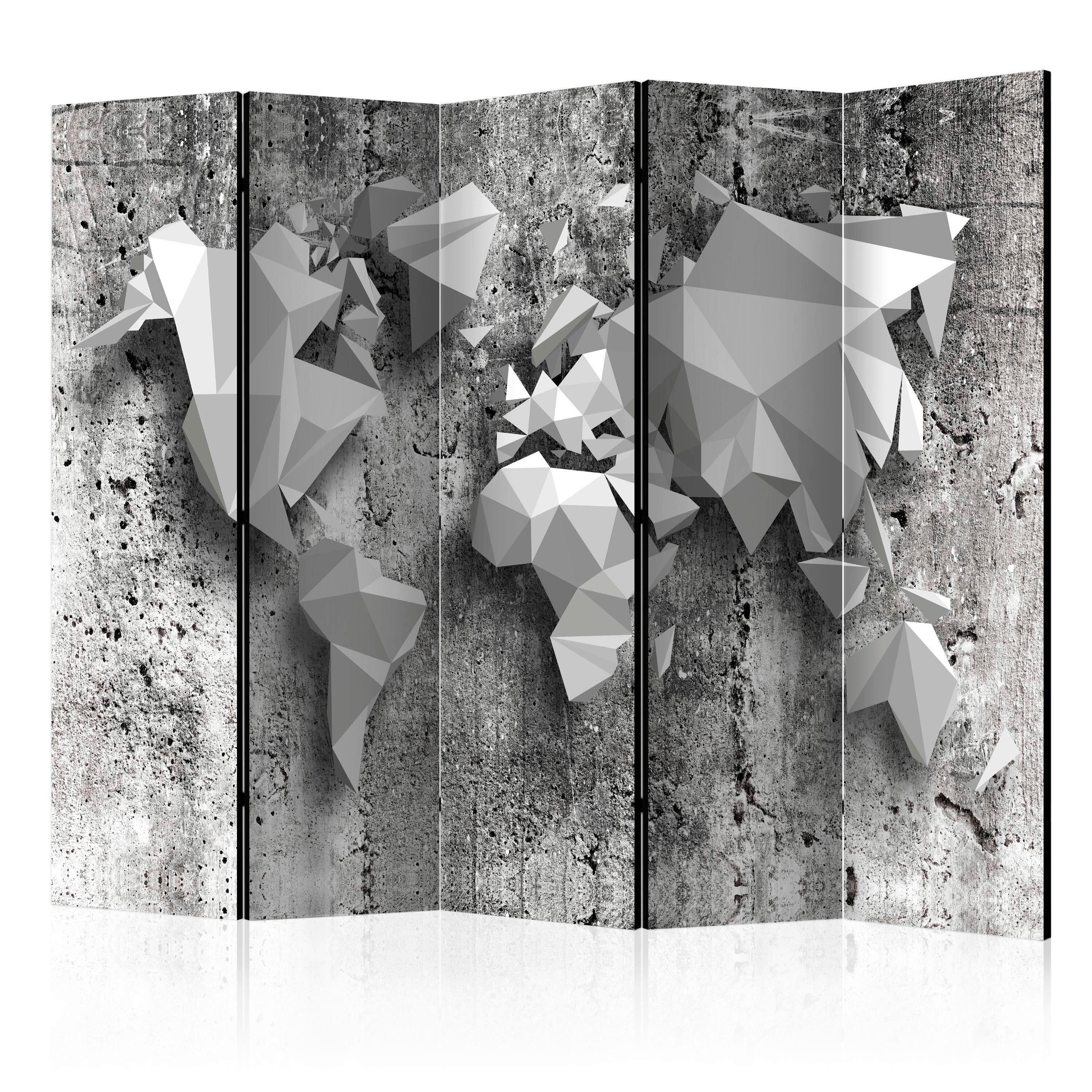 Paravan Origami World Map, 5-Delni, Dvostranski - črna/bela, Basics, tekstil/les (225/175/3cm) - artgeist