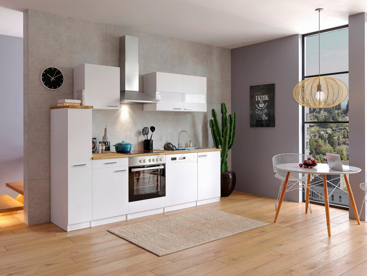 Küchenzeile Economy m. Geräten Weiß/Nussbaum B: ca. 250 cm - Edelstahlfarben/Nussbaumfarben, Basics, Holzwerkstoff/Metall (250cm) - Respekta