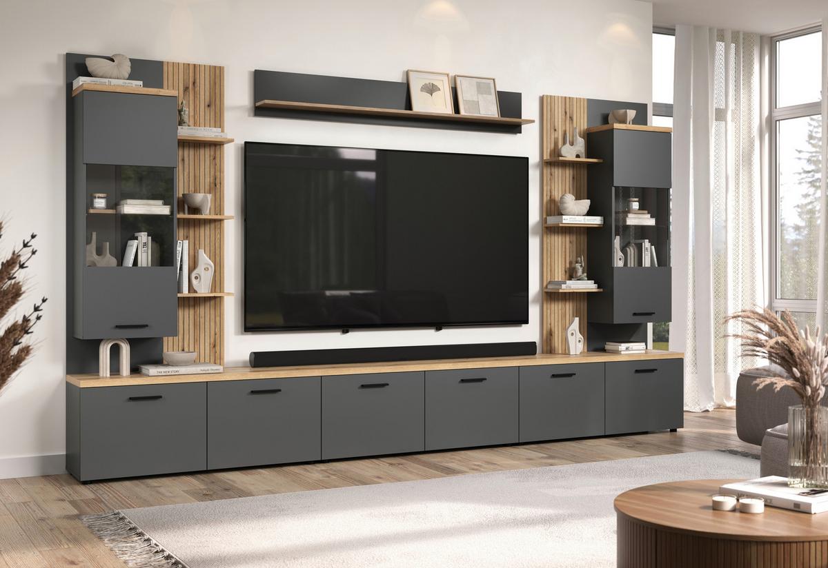WOHNWAND BAGGIO - Eichefarben/Anthrazit, Design, Glas/Holzwerkstoff (360/212/40cm) - MID.YOU