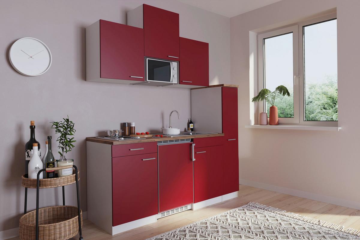 Küchenzeile Economy m. Geräte Rot/Nussbaum B: ca. 180 cm - Rot/Nussbaumfarben, Basics, Holzwerkstoff/Kunststoff (180cm) - Respekta