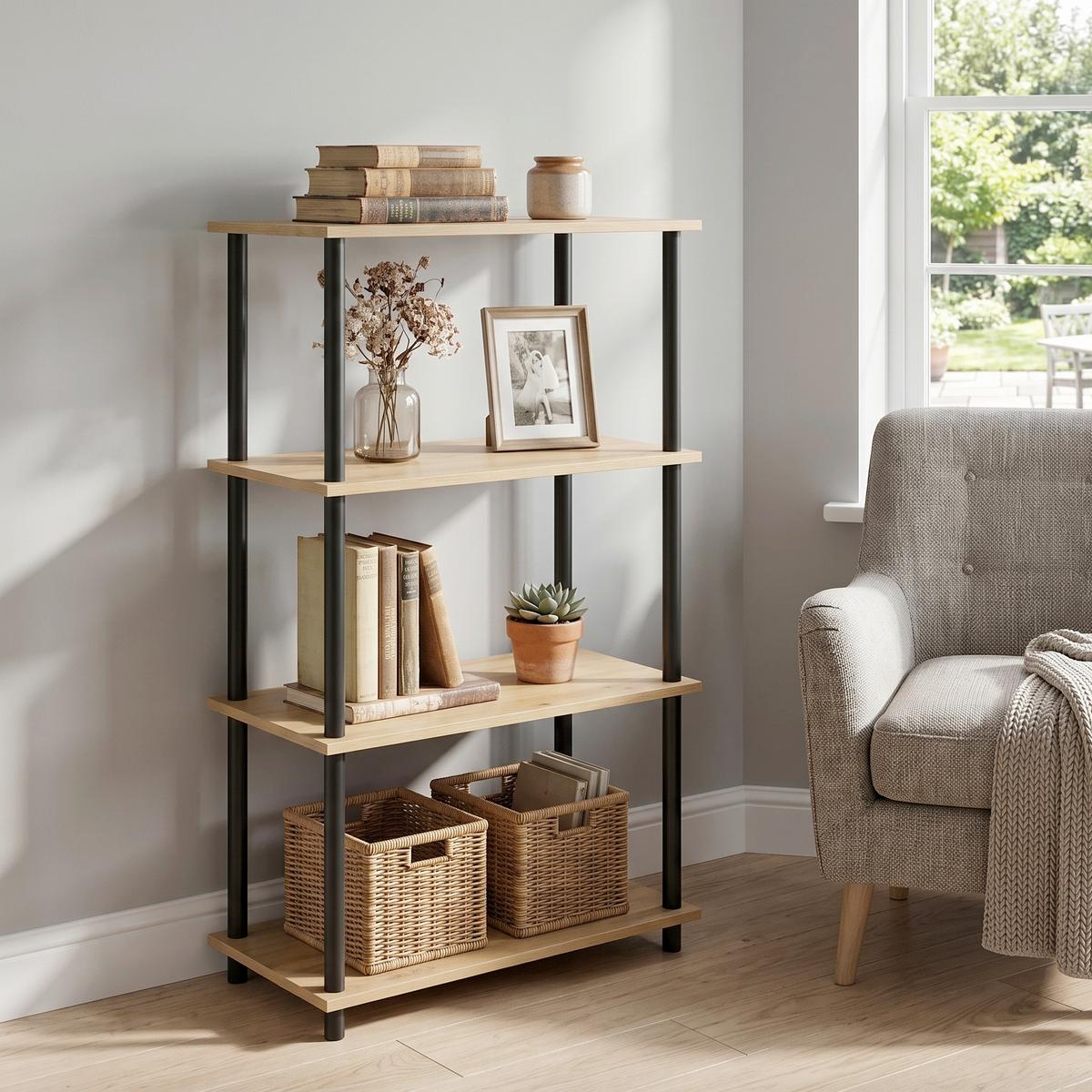Etajeră Timilli - culoare natur/negru, Modern, metal/material pe bază de lemn (60/111,5/30cm) - Modern Living