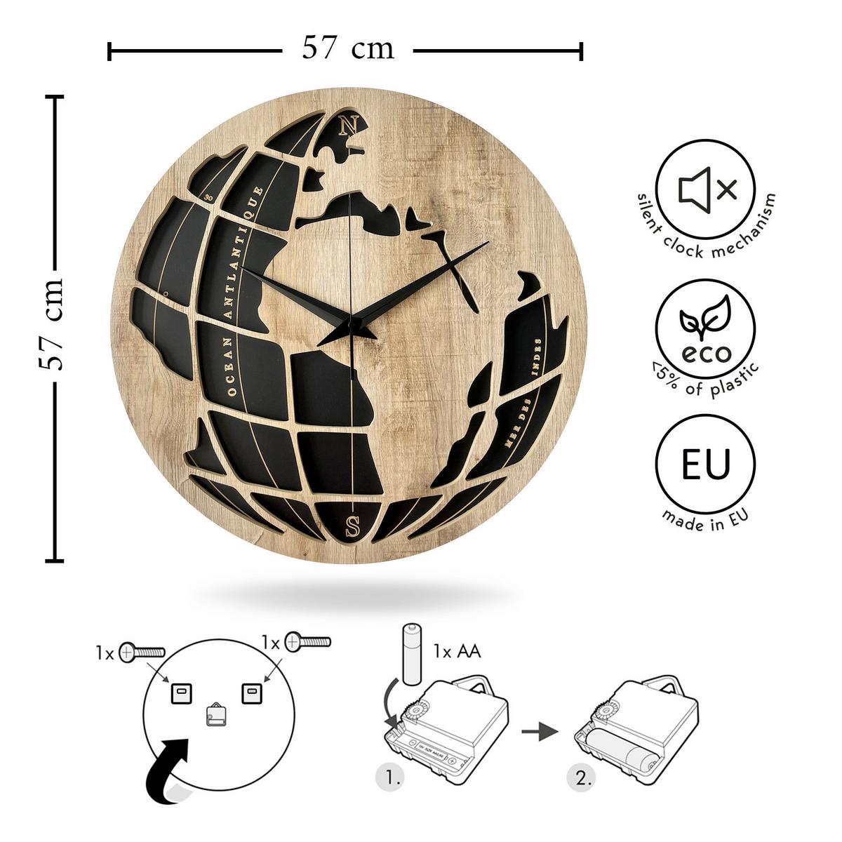 Wanduhr Schwarz/Eichefarben Ø ca. 57cm - Eichefarben/Schwarz, Basics, Holz/Kunststoff (57cm)