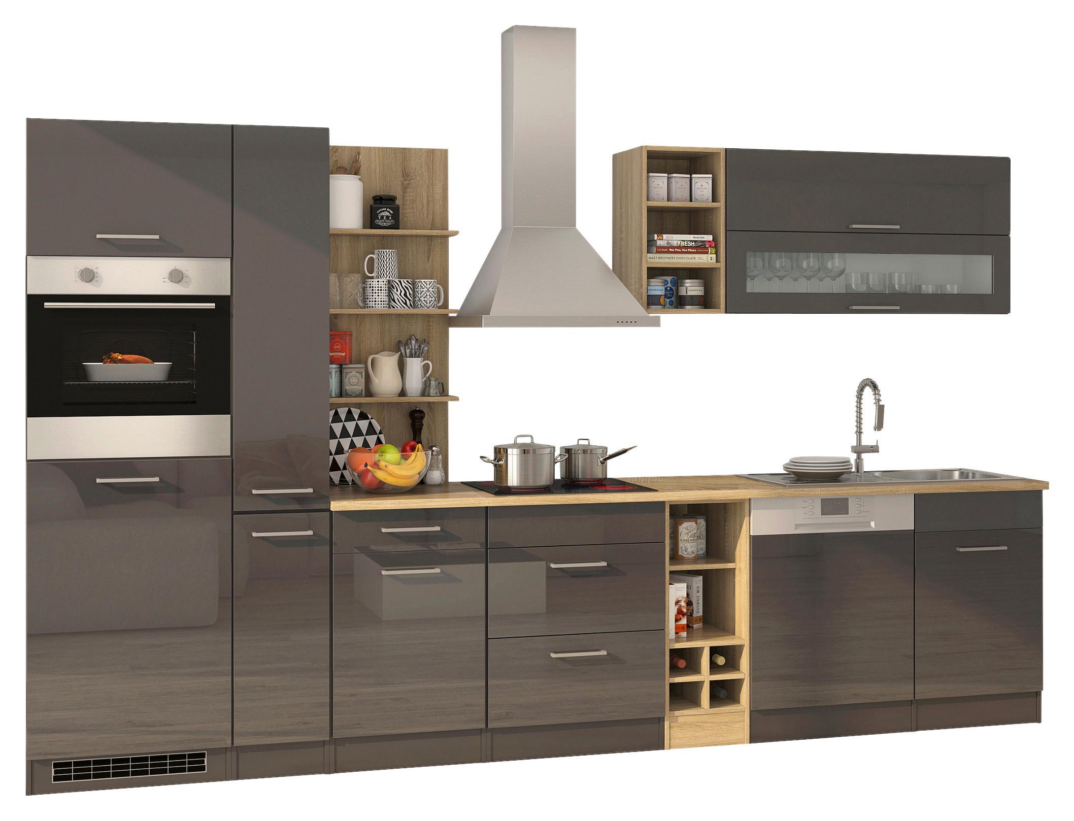 Küchenblock in Anthrazit inkl. E-Geräte 'Mailand' - Chromfarben/Eichefarben, MODERN, Holzwerkstoff/Metall (340cm) - Held