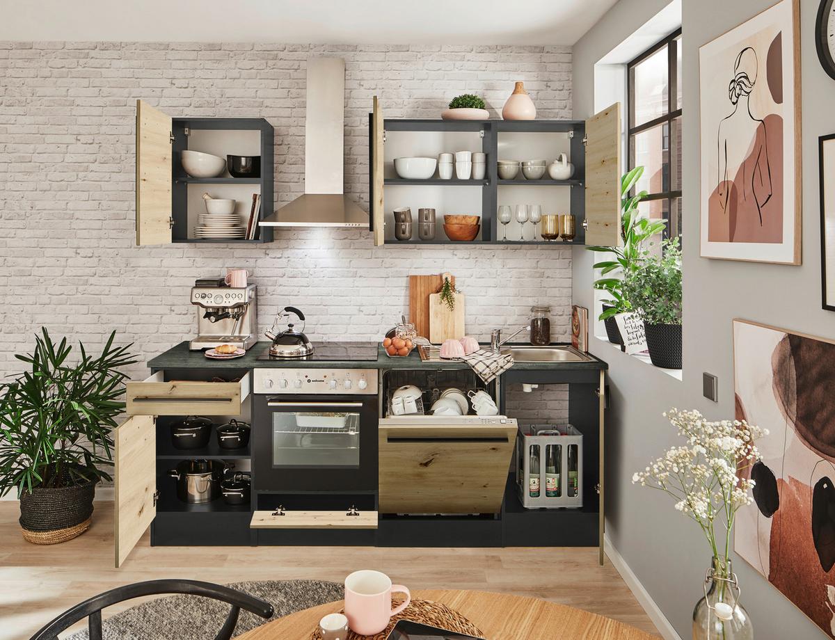 Küchenblock Jazz mit Geräten ca.220cm Eiche/Anthrazit - Anthrazit/Schwarz, LIFESTYLE, Holzwerkstoff/Kunststoff (220cm) - P & B